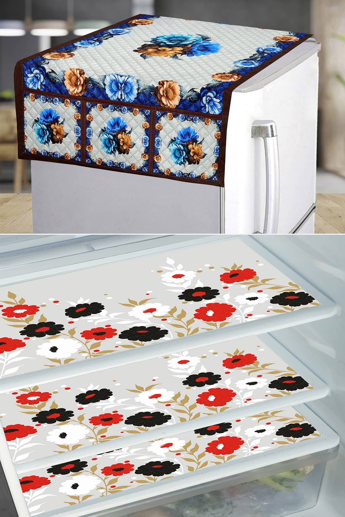Grisha Cotton Floral Printed Fridge Mat & Cover ( 99 53 ) Pack of 4 - Brown