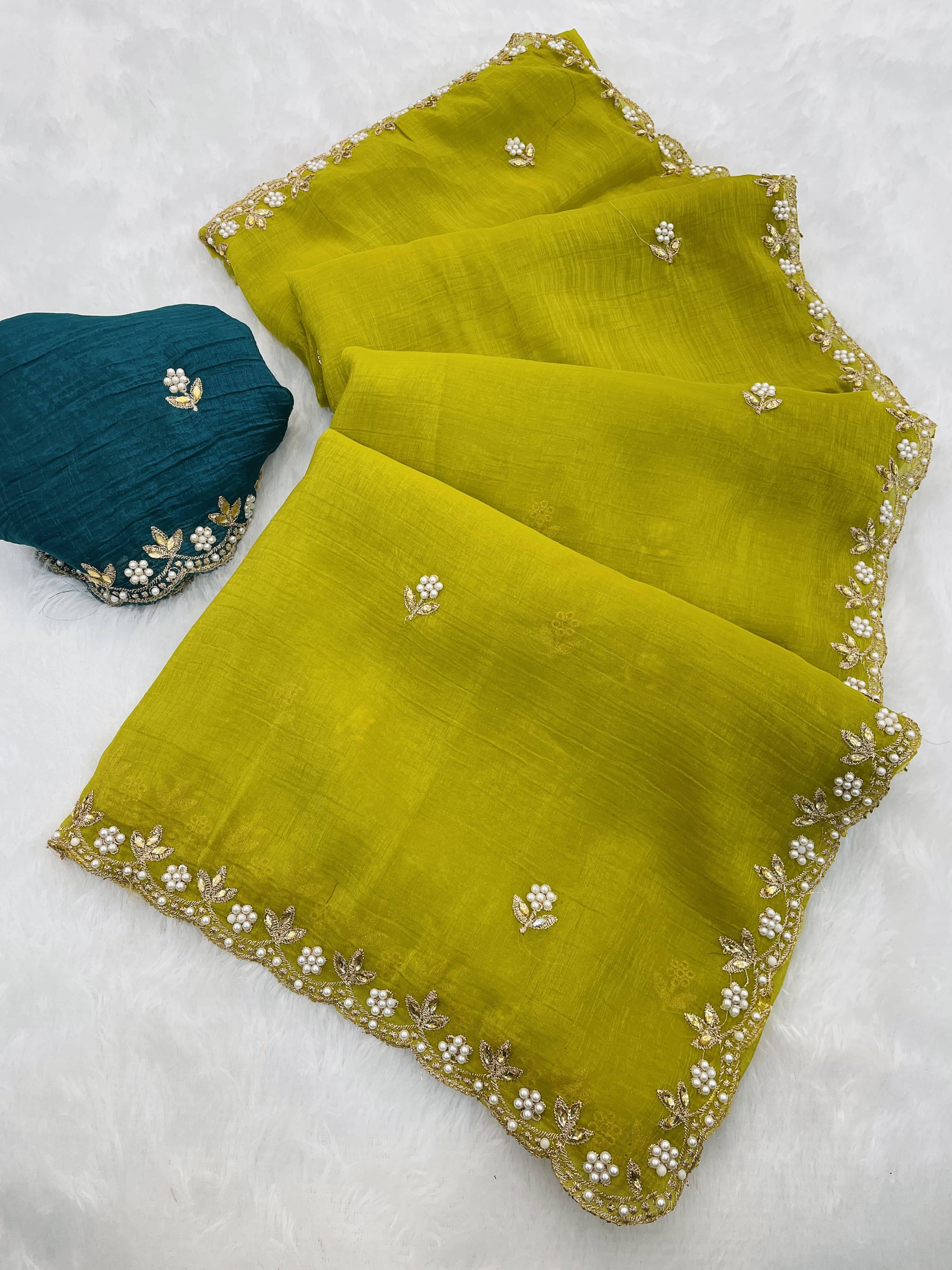 Gullak Chiffon Embellished Saree With Unstitched Blouse Piece ( Green ) Gullak Chiffon Embellished Saree With Unstitched Blouse Piece ( Green )