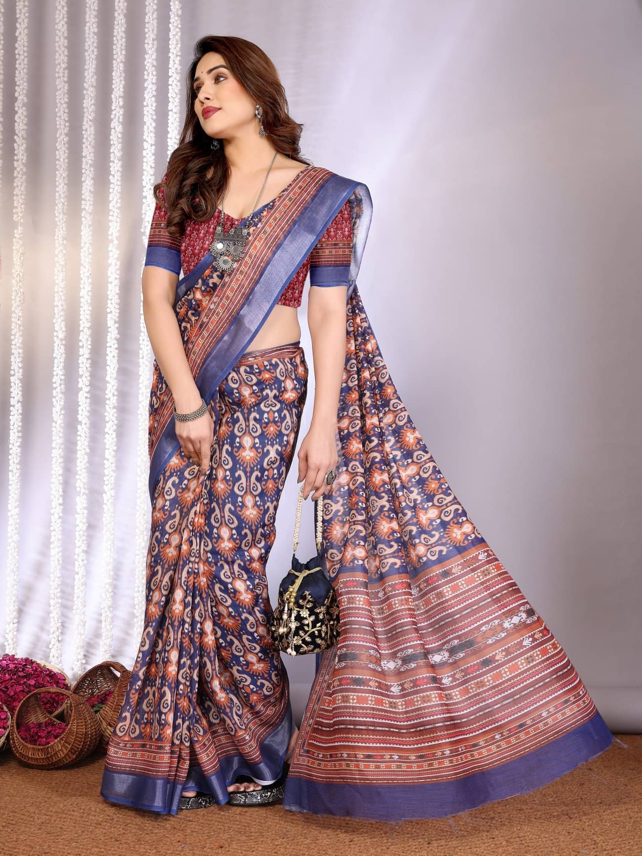 HITESH ENTERPRISE Linen Checks Saree With Unstitched Blouse Piece ( Blue ) HITESH ENTERPRISE Linen Checks Saree With Unstitched Blouse Piece ( Blue )