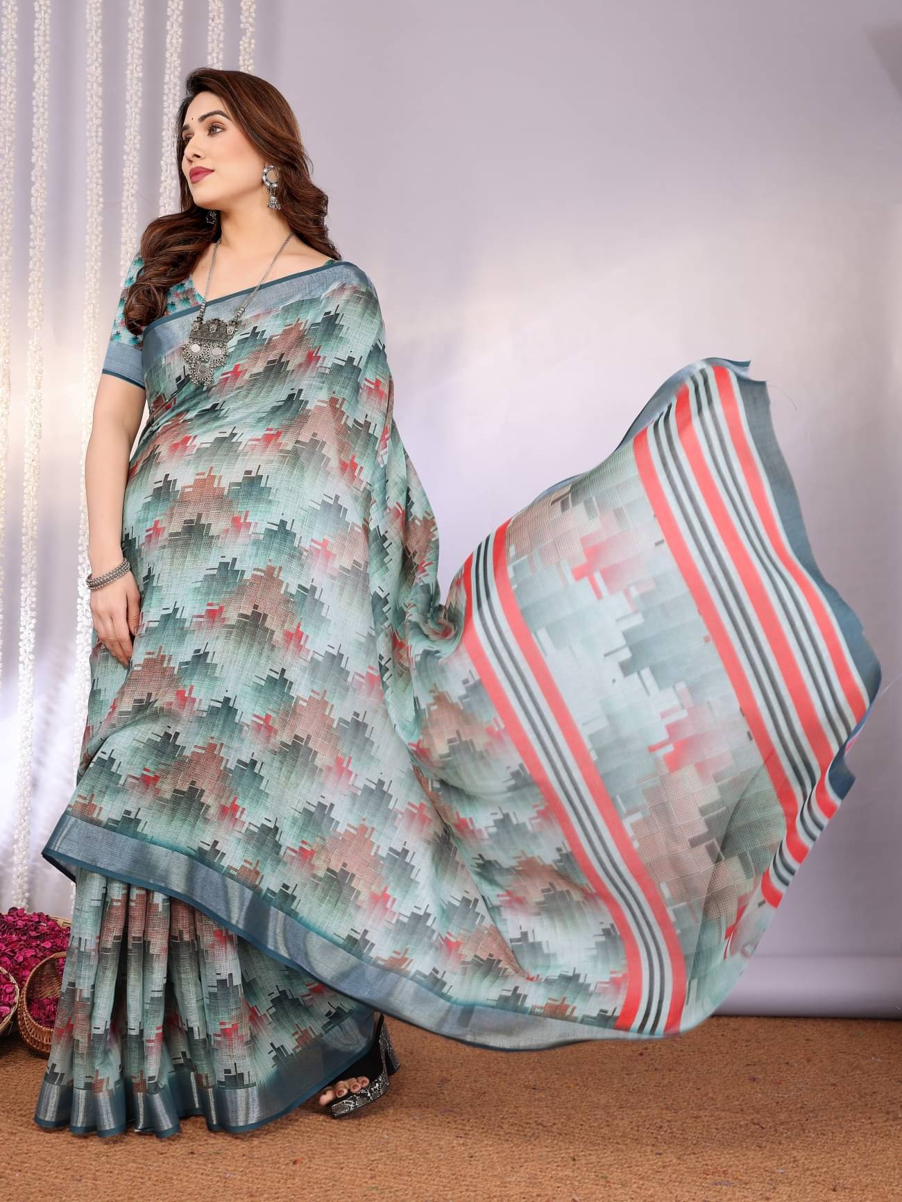 HITESH ENTERPRISE Linen Checks Saree With Unstitched Blouse Piece ( Green ) HITESH ENTERPRISE Linen Checks Saree With Unstitched Blouse Piece ( Green )