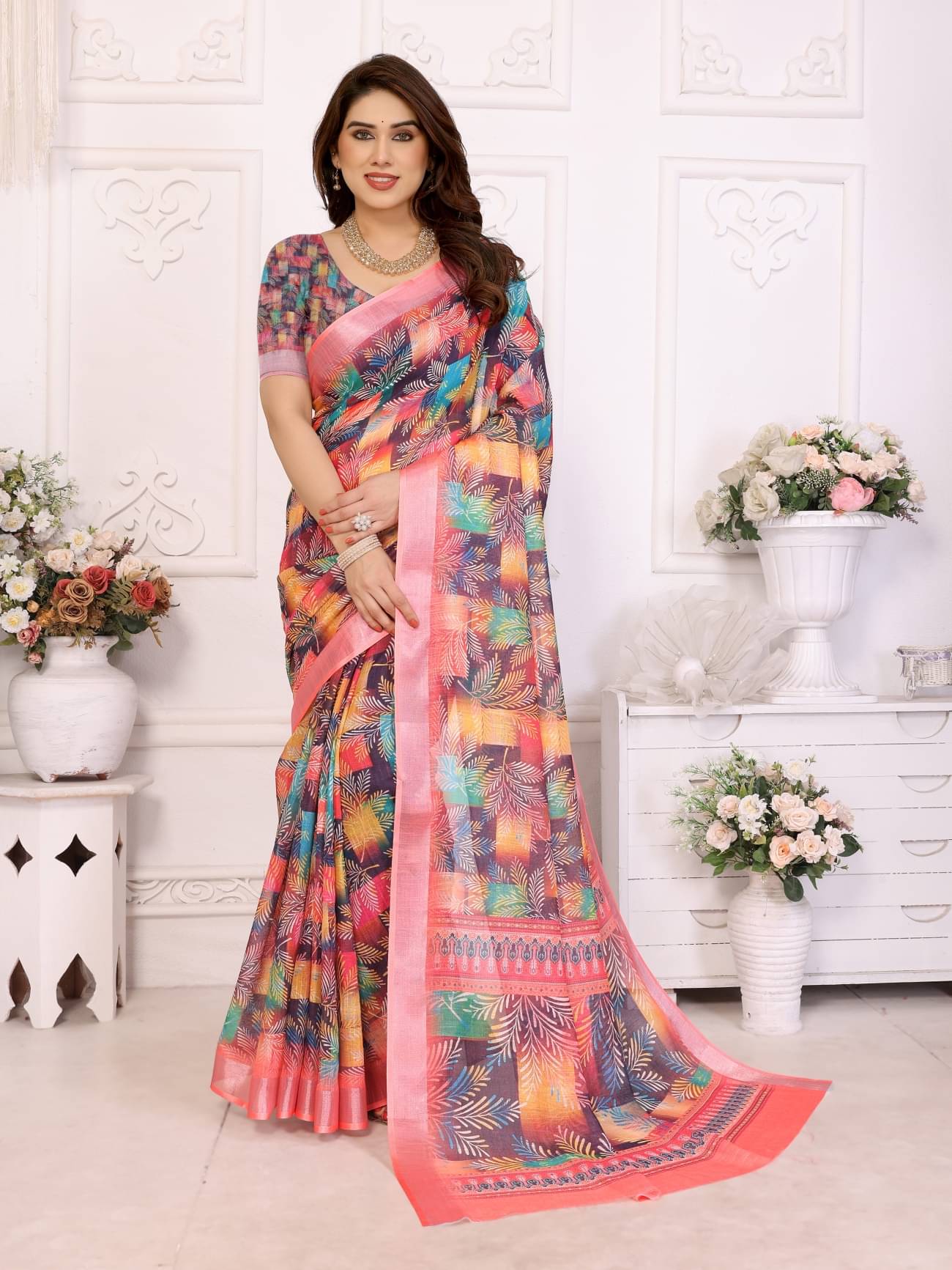    			HITESH ENTERPRISE Linen Self Design Saree With Unstitched Blouse Piece ( Multicolor )