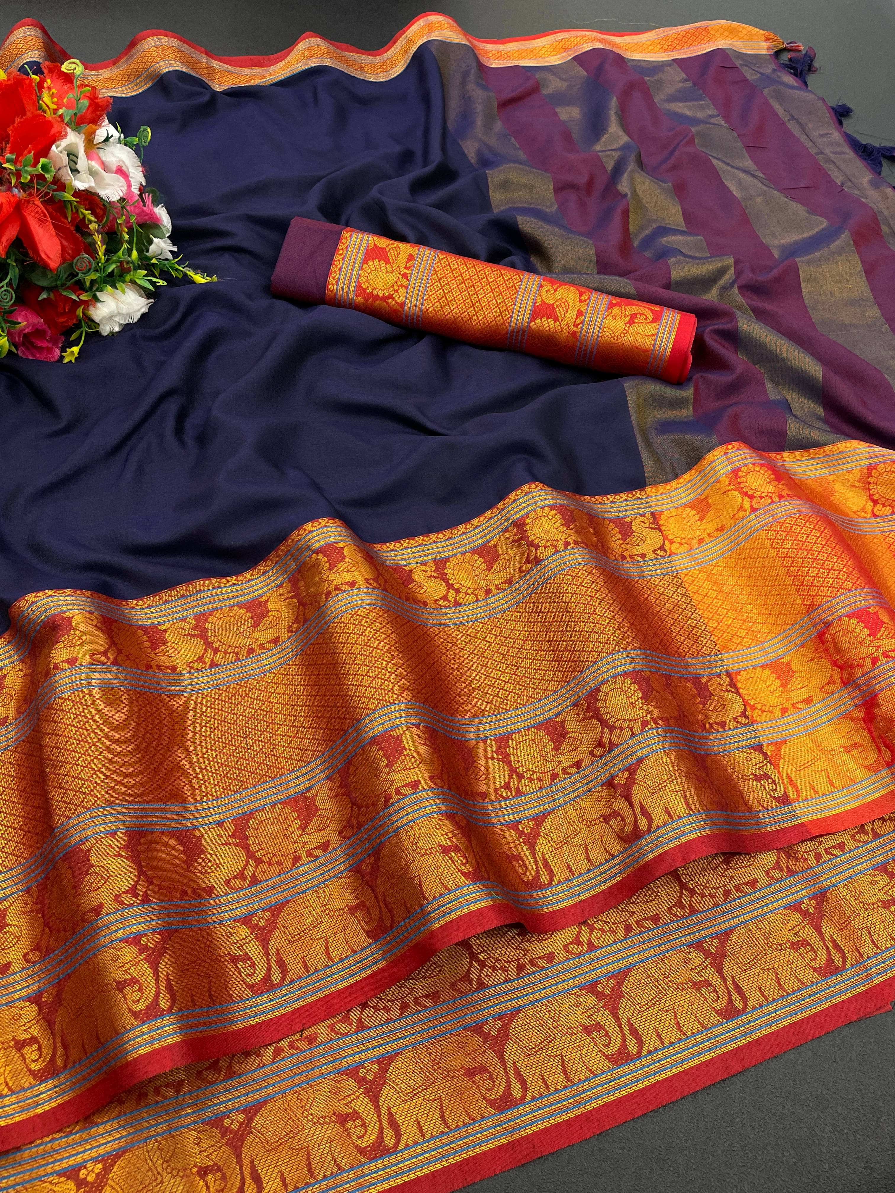     			JIRA Art Silk Self Design Saree With Unstitched Blouse Piece ( Navy Blue )