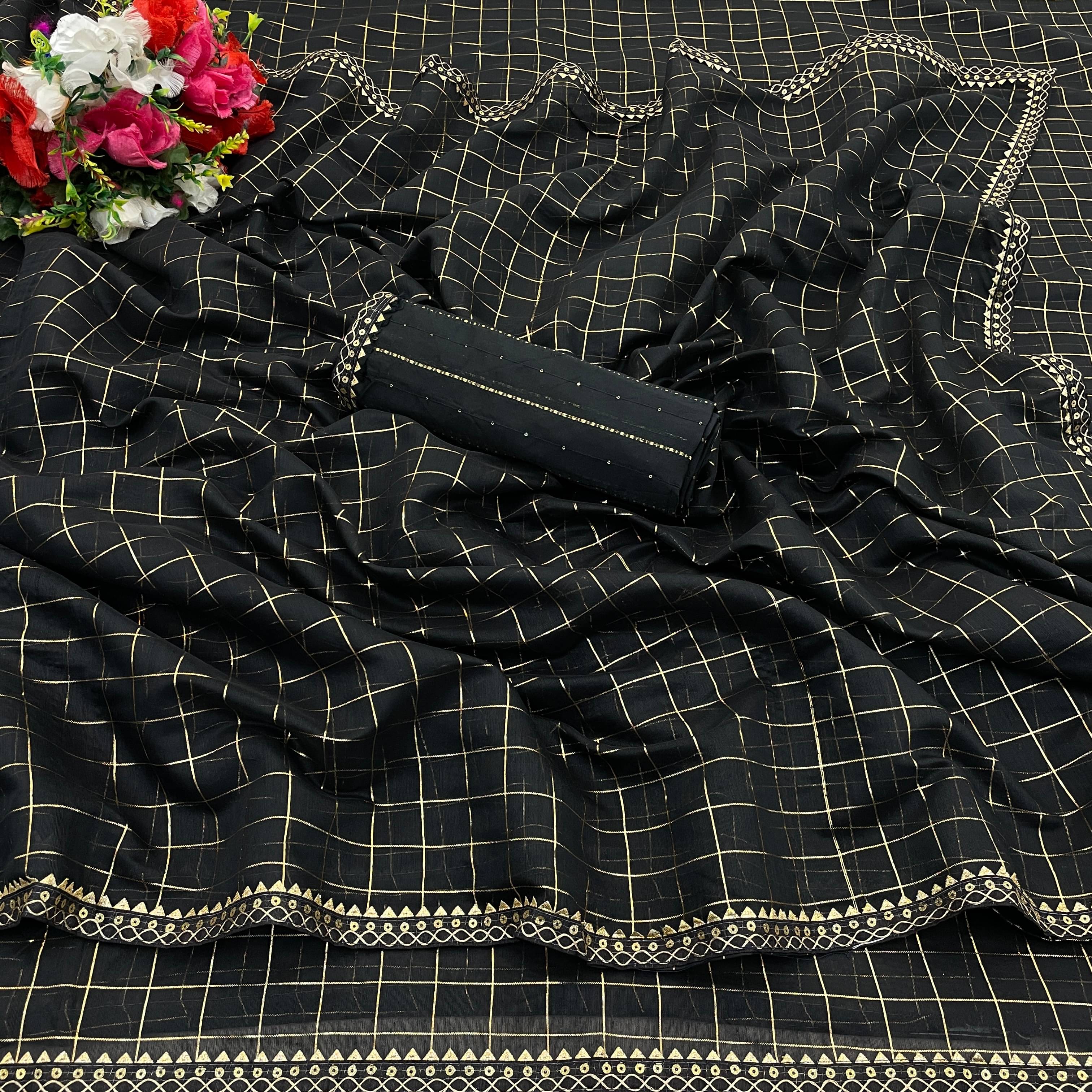 JIRA Chanderi Checks Saree With Unstitched Blouse Piece ( Black ) JIRA Chanderi Checks Saree With Unstitched Blouse Piece ( Black )