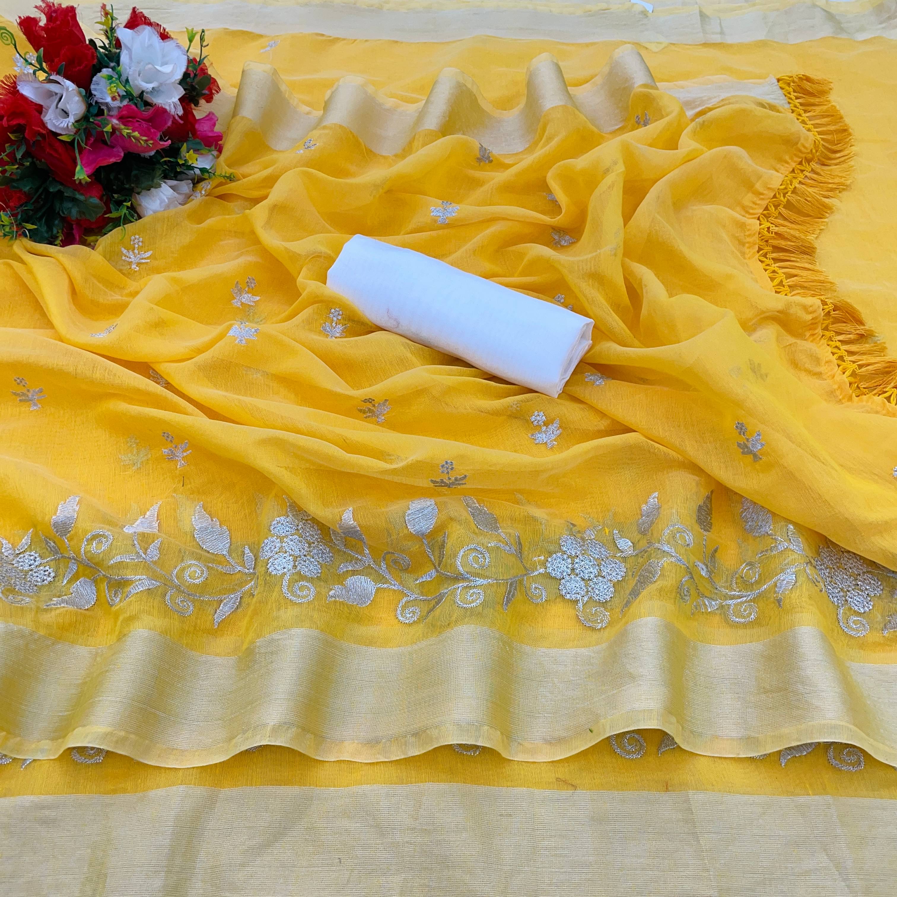    			JIRA Chanderi Embroidered Saree With Unstitched Blouse Piece ( Yellow )