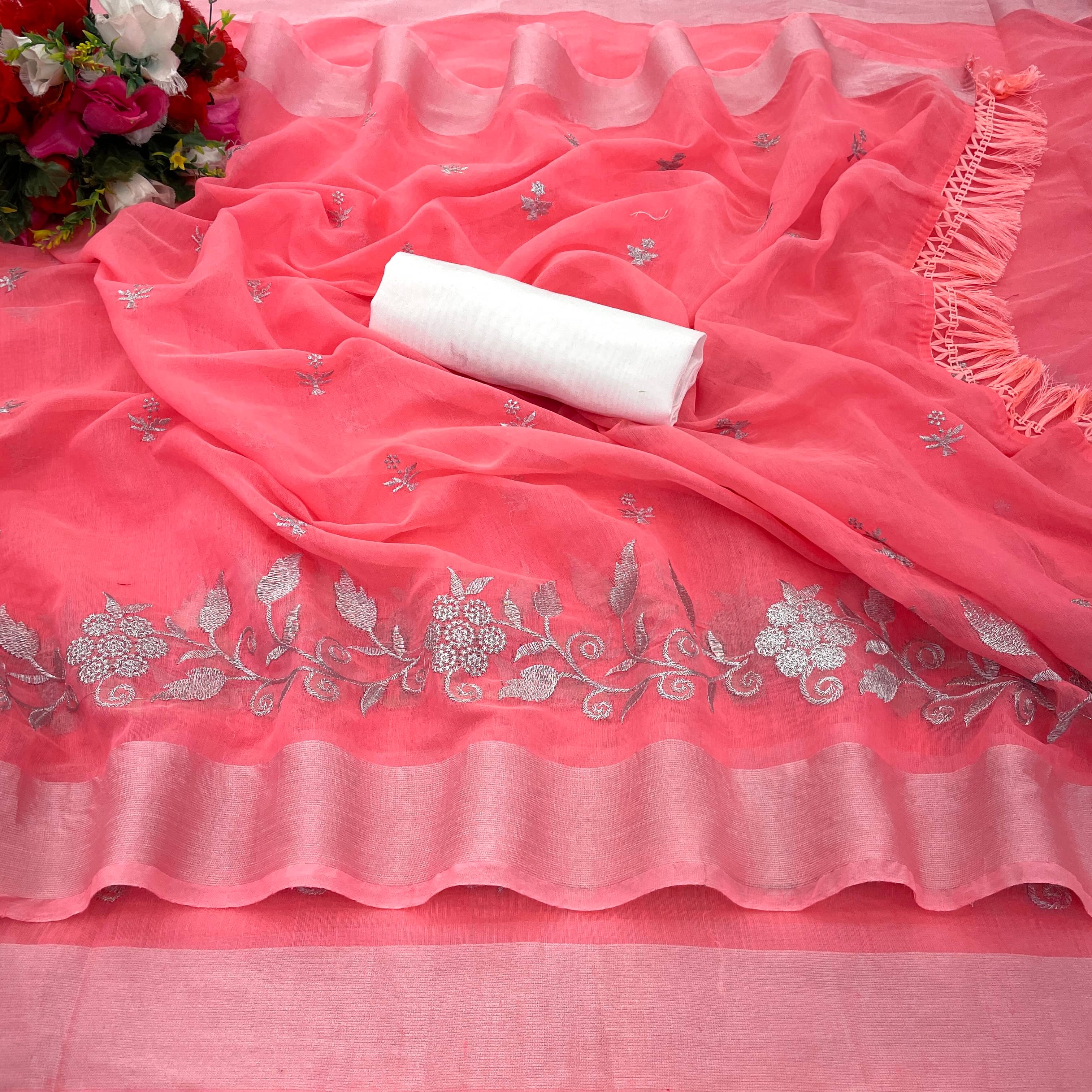 JIRA Chanderi Embroidered Saree With Unstitched Blouse Piece ( Pink ) JIRA Chanderi Embroidered Saree With Unstitched Blouse Piece ( Pink )