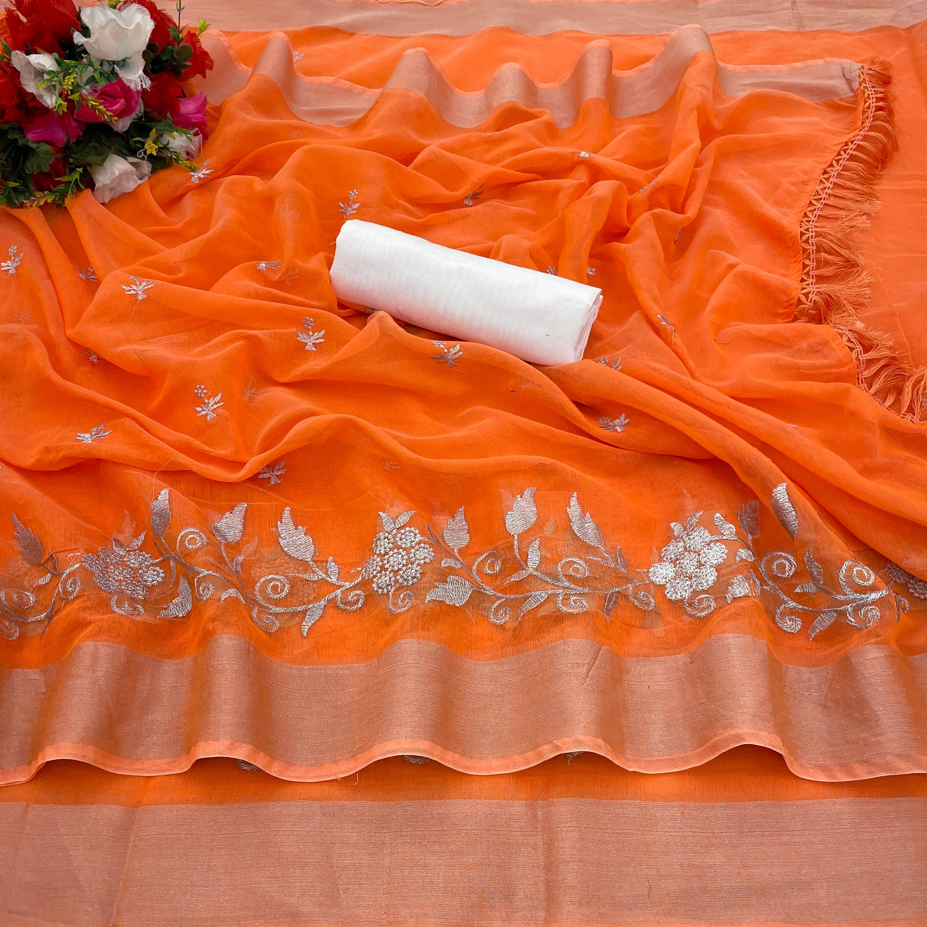 JIRA Chanderi Embroidered Saree With Unstitched Blouse Piece ( Peach ) JIRA Chanderi Embroidered Saree With Unstitched Blouse Piece ( Peach )