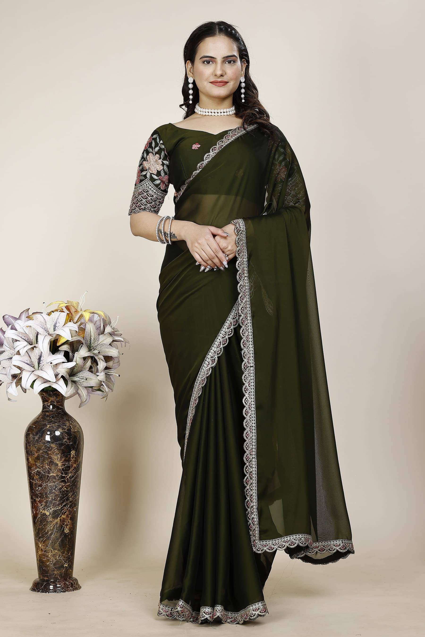     			JIRA Chiffon Embroidered Saree With Unstitched Blouse Piece ( Green )