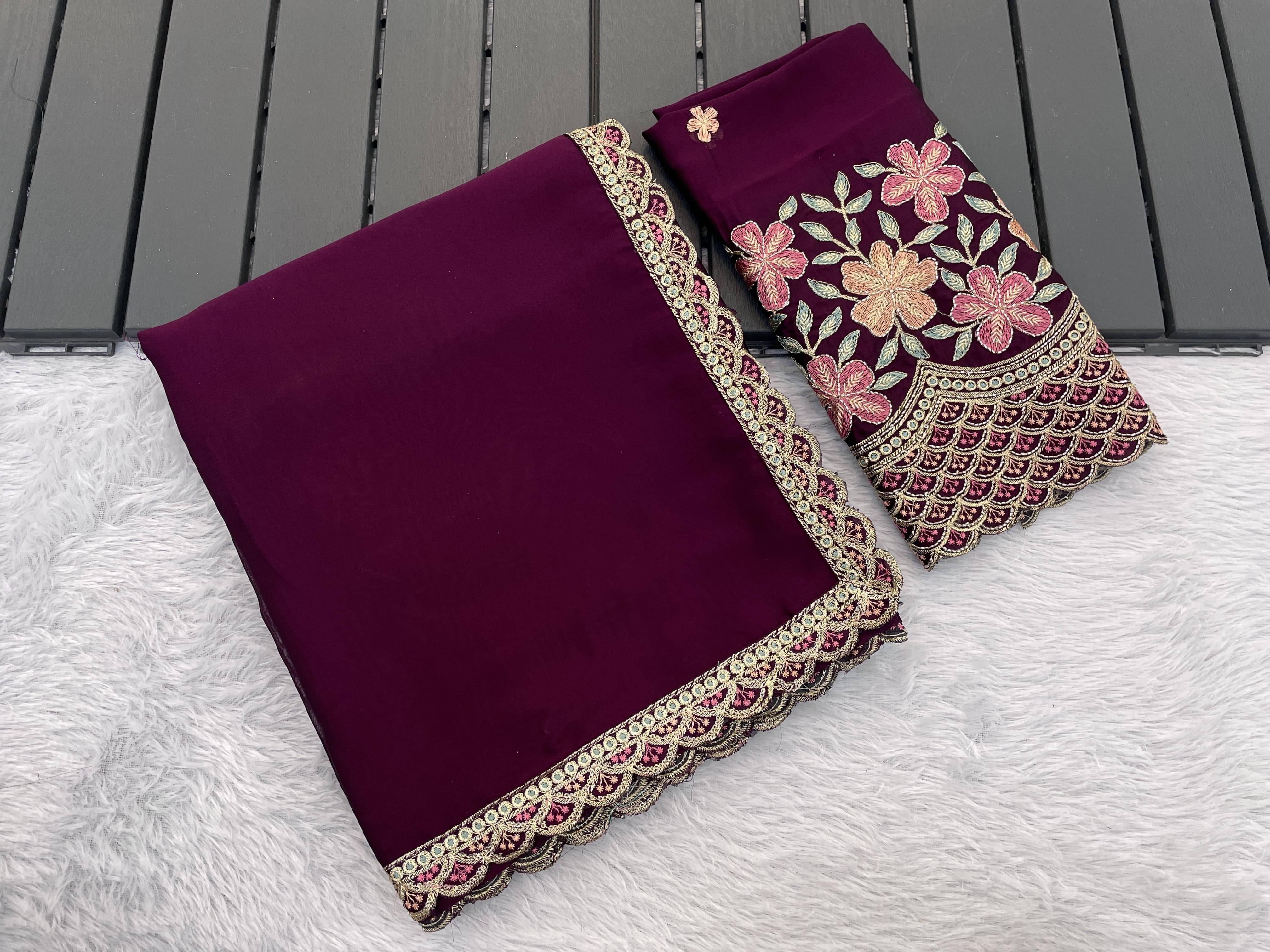 JIRA Chiffon Embroidered Saree With Unstitched Blouse Piece ( Purple ) JIRA Chiffon Embroidered Saree With Unstitched Blouse Piece ( Purple )