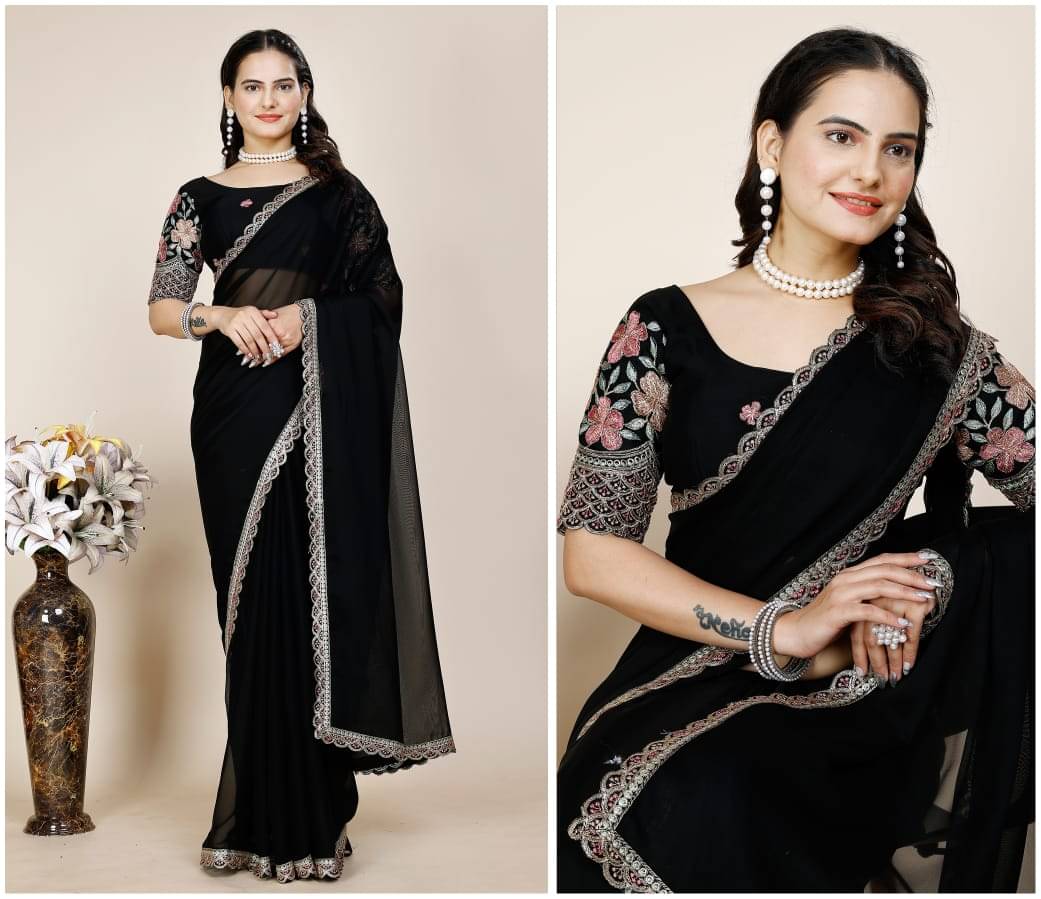 JIRA Chiffon Embroidered Saree With Unstitched Blouse Piece ( Black ) JIRA Chiffon Embroidered Saree With Unstitched Blouse Piece ( Black )