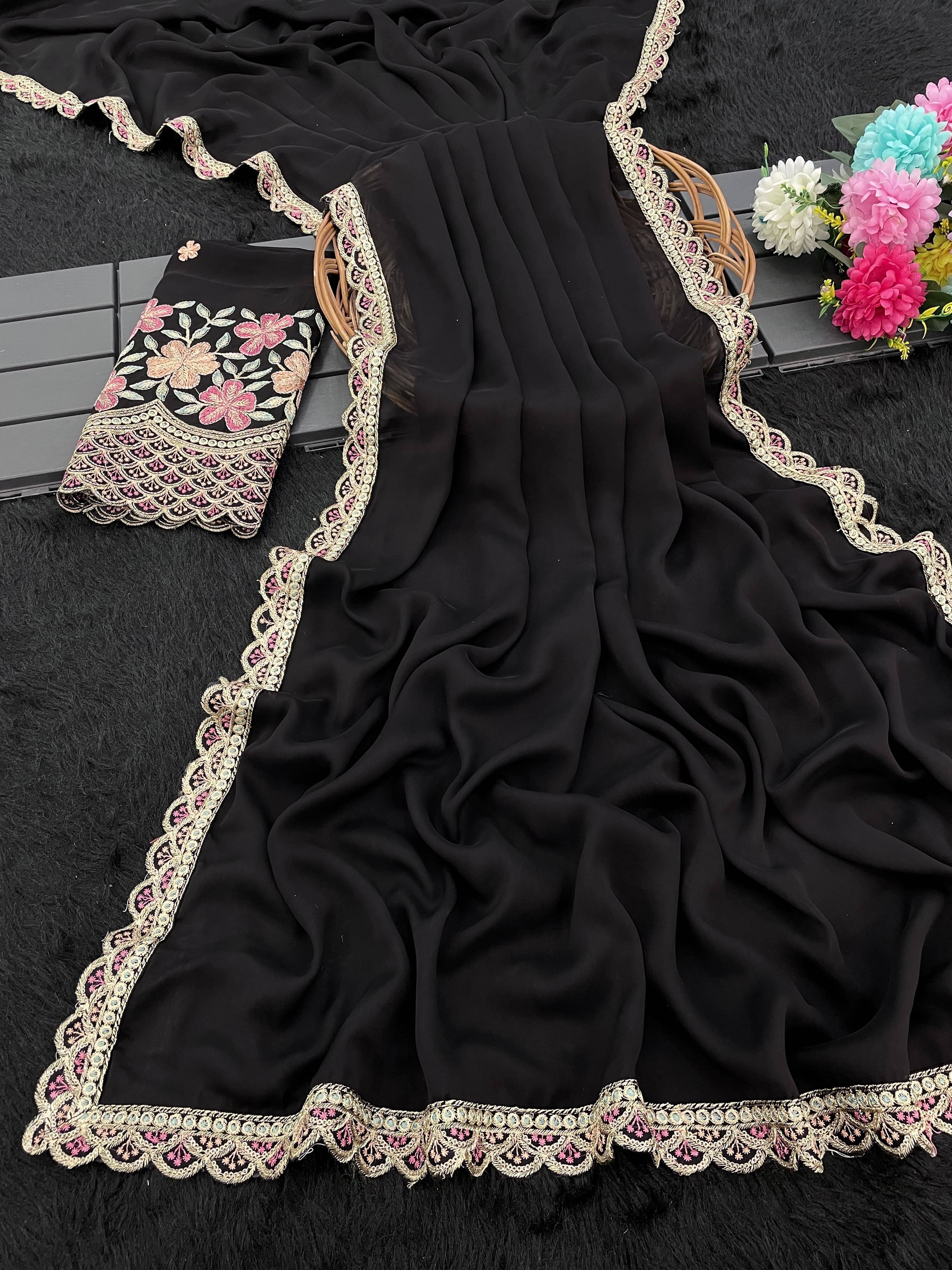     			JIRA Chiffon Embroidered Saree With Unstitched Blouse Piece ( Black )