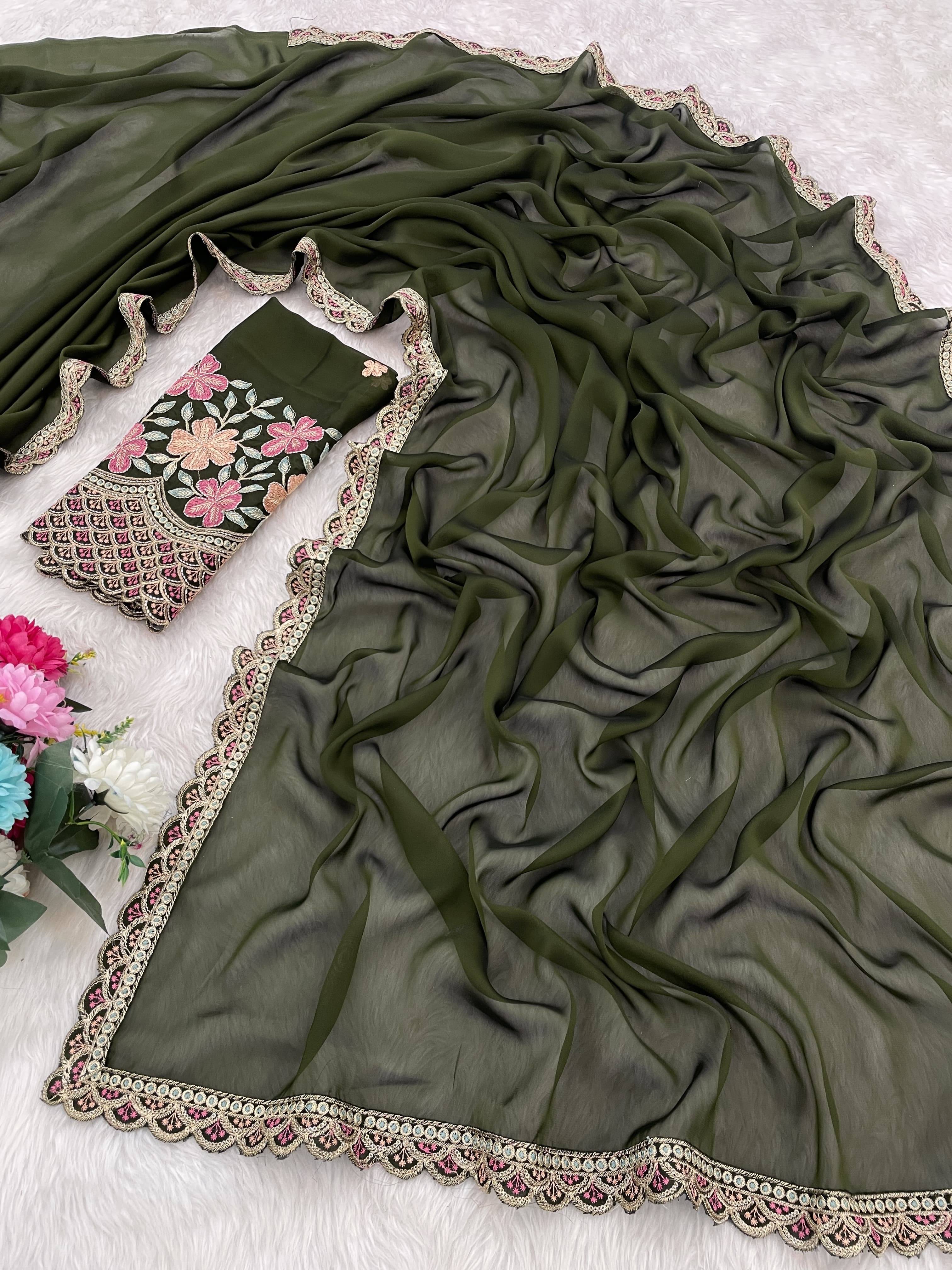     			JIRA Chiffon Embroidered Saree With Unstitched Blouse Piece ( Green )