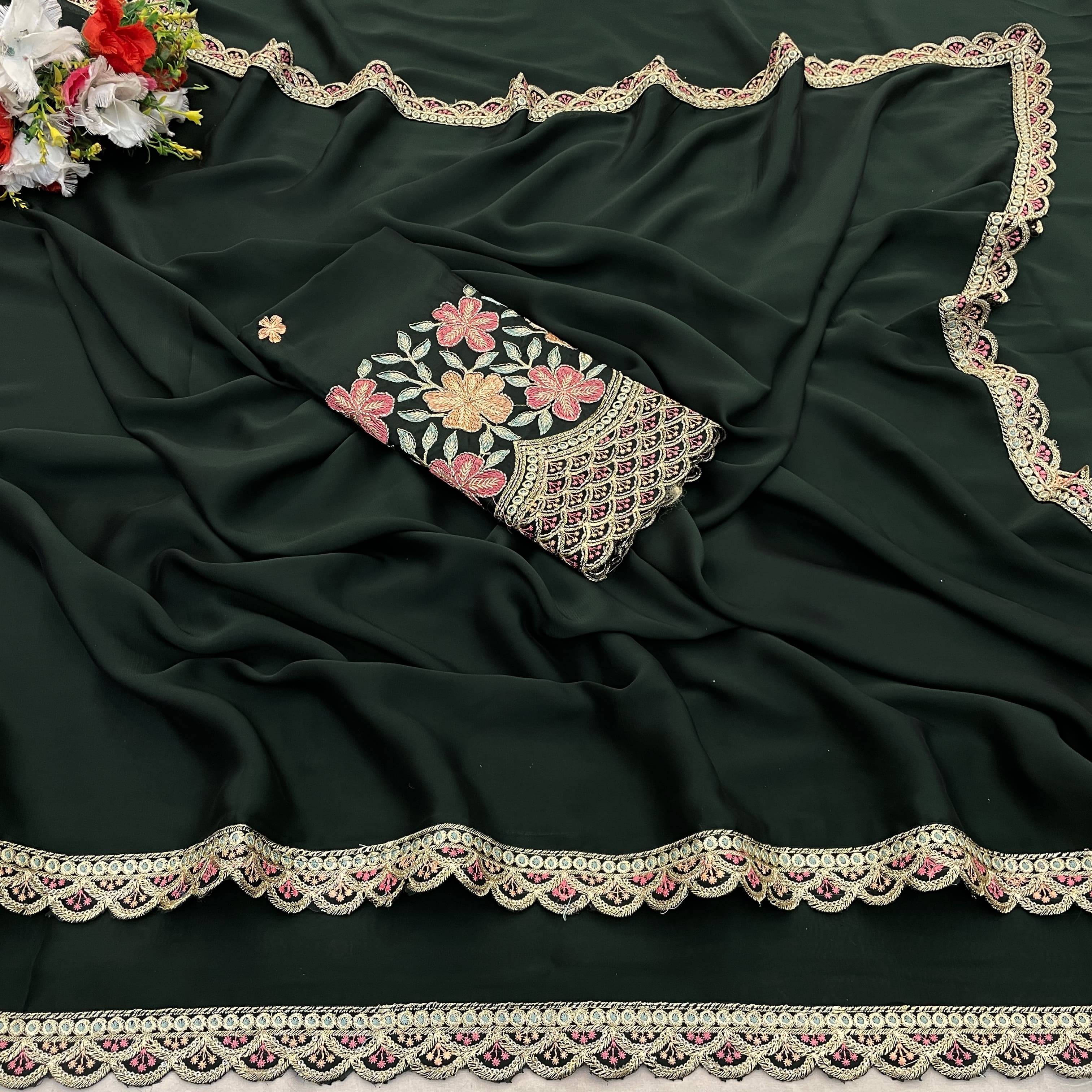 JIRA Chiffon Embroidered Saree With Unstitched Blouse Piece ( Green ) JIRA Chiffon Embroidered Saree With Unstitched Blouse Piece ( Green )