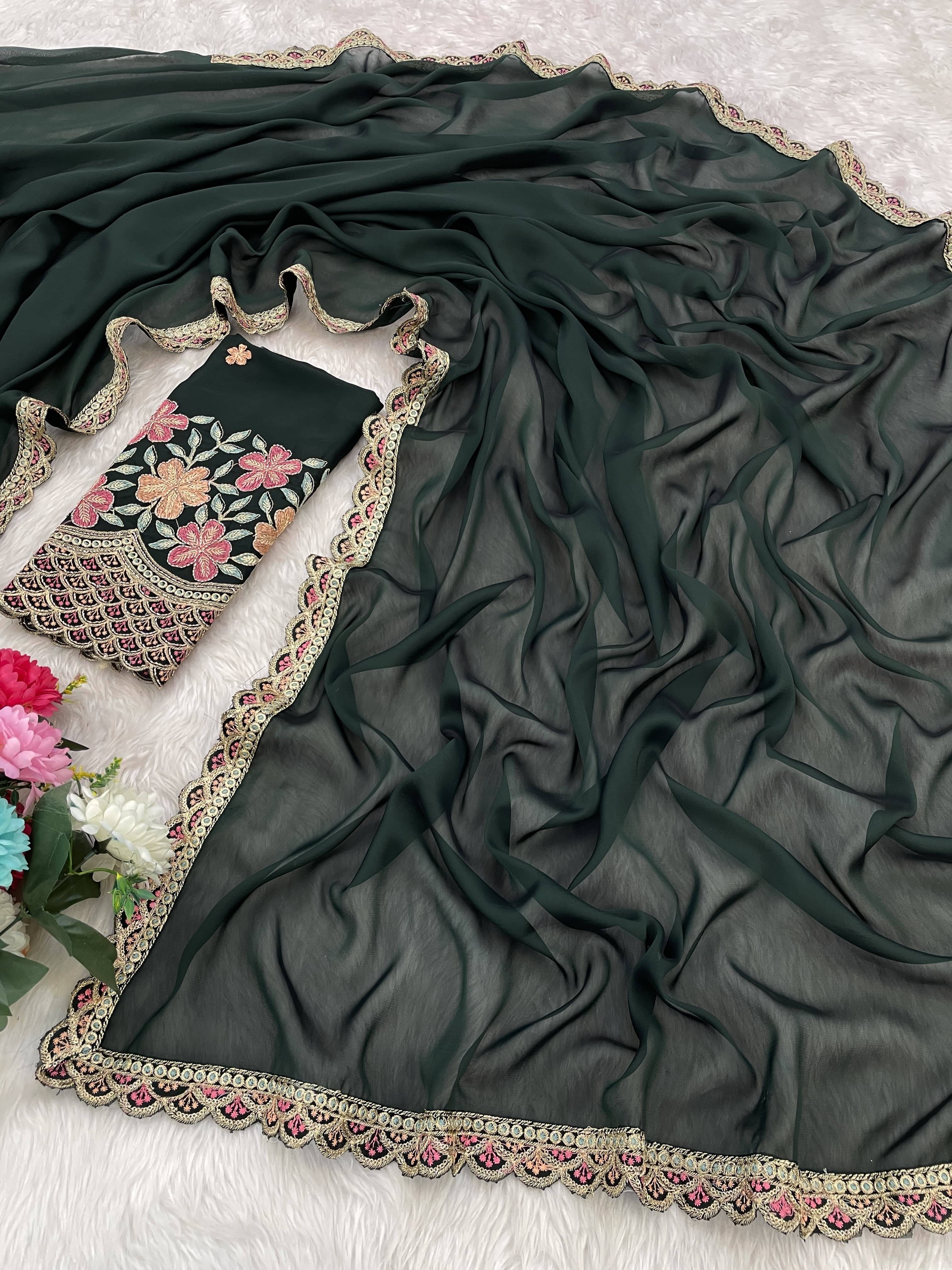     			JIRA Chiffon Embroidered Saree With Unstitched Blouse Piece ( Green )