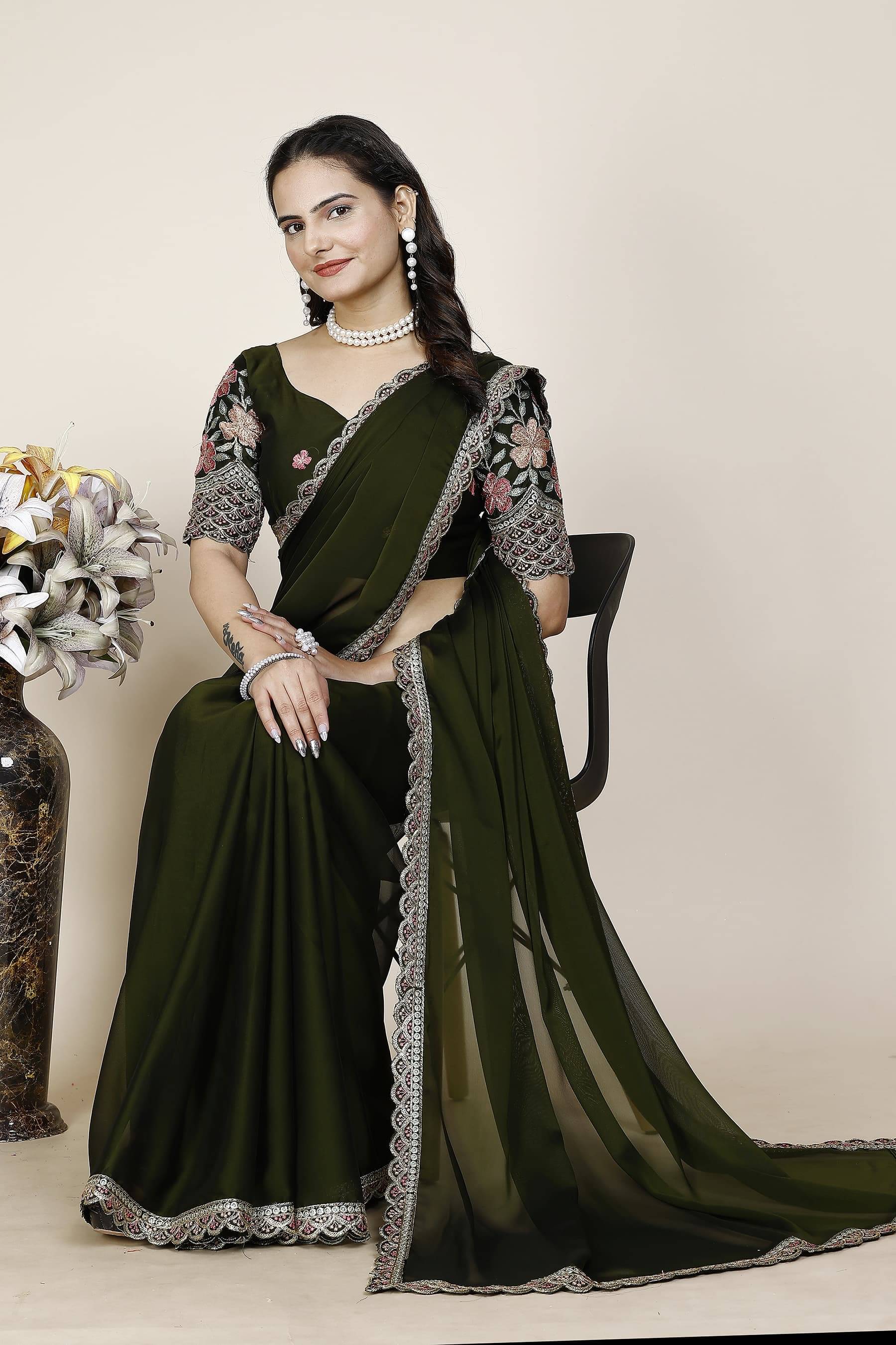 JIRA Chiffon Embroidered Saree With Unstitched Blouse Piece ( Green ) JIRA Chiffon Embroidered Saree With Unstitched Blouse Piece ( Green )
