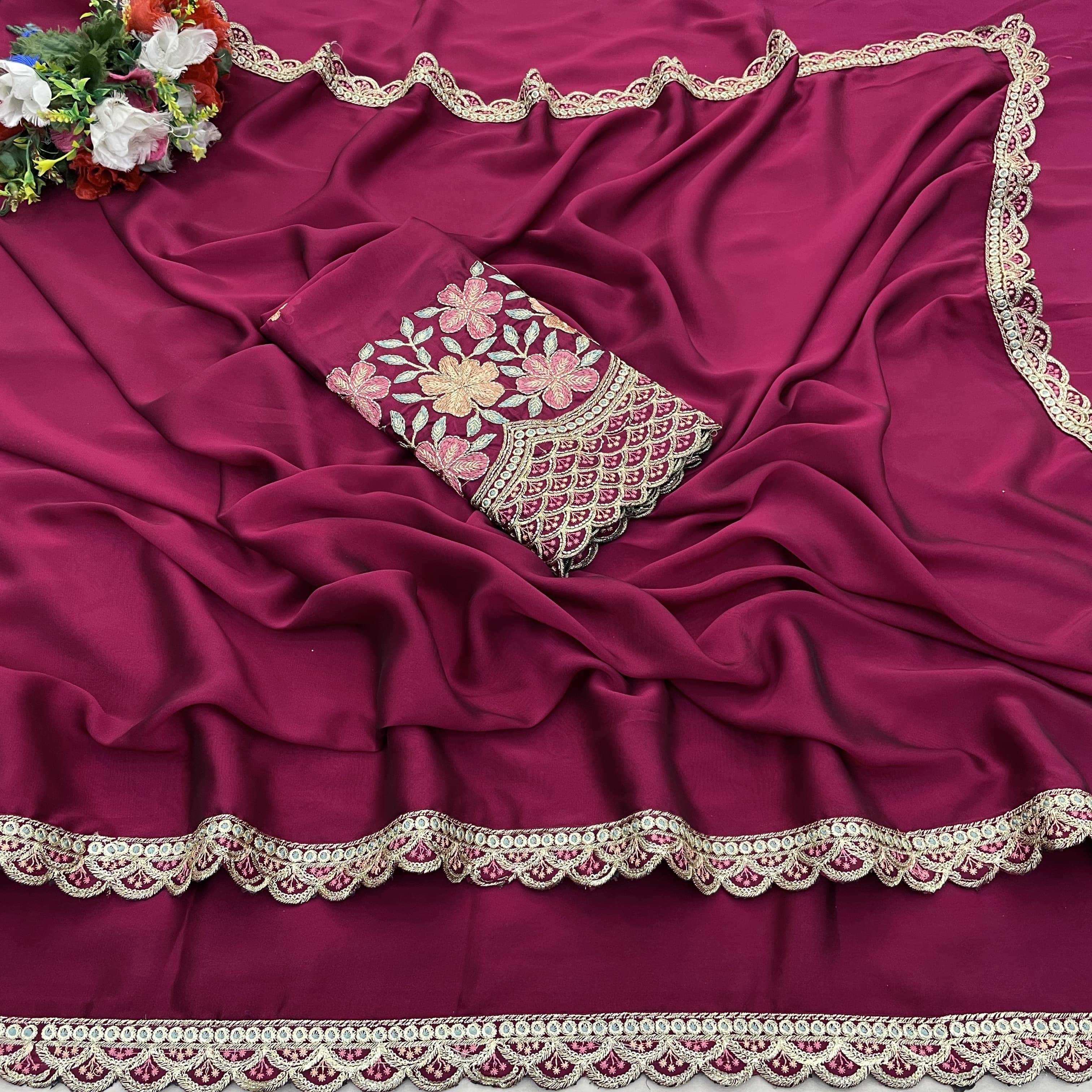 JIRA Chiffon Embroidered Saree With Unstitched Blouse Piece ( Pink ) JIRA Chiffon Embroidered Saree With Unstitched Blouse Piece ( Pink )