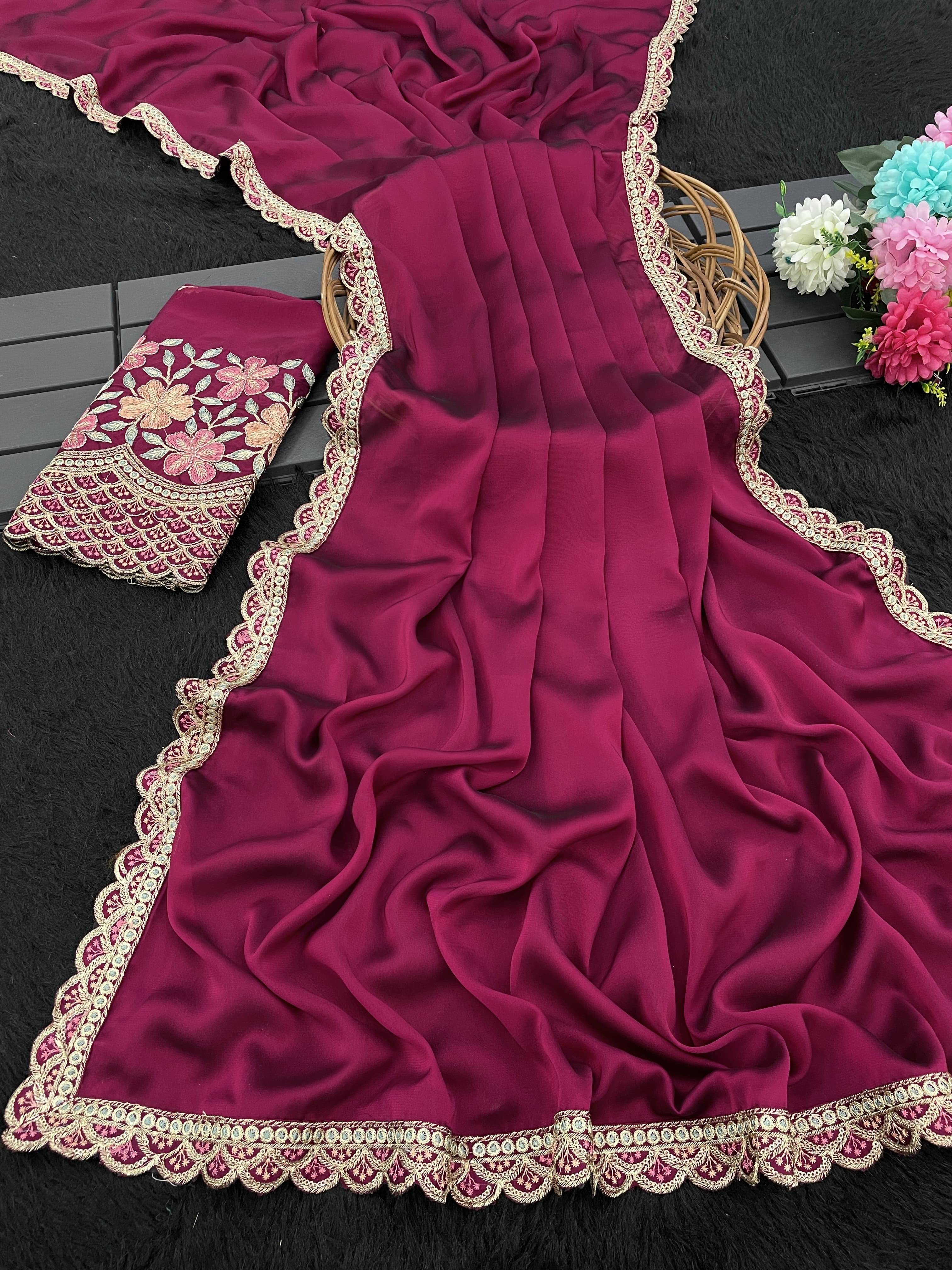     			JIRA Chiffon Embroidered Saree With Unstitched Blouse Piece ( Pink )