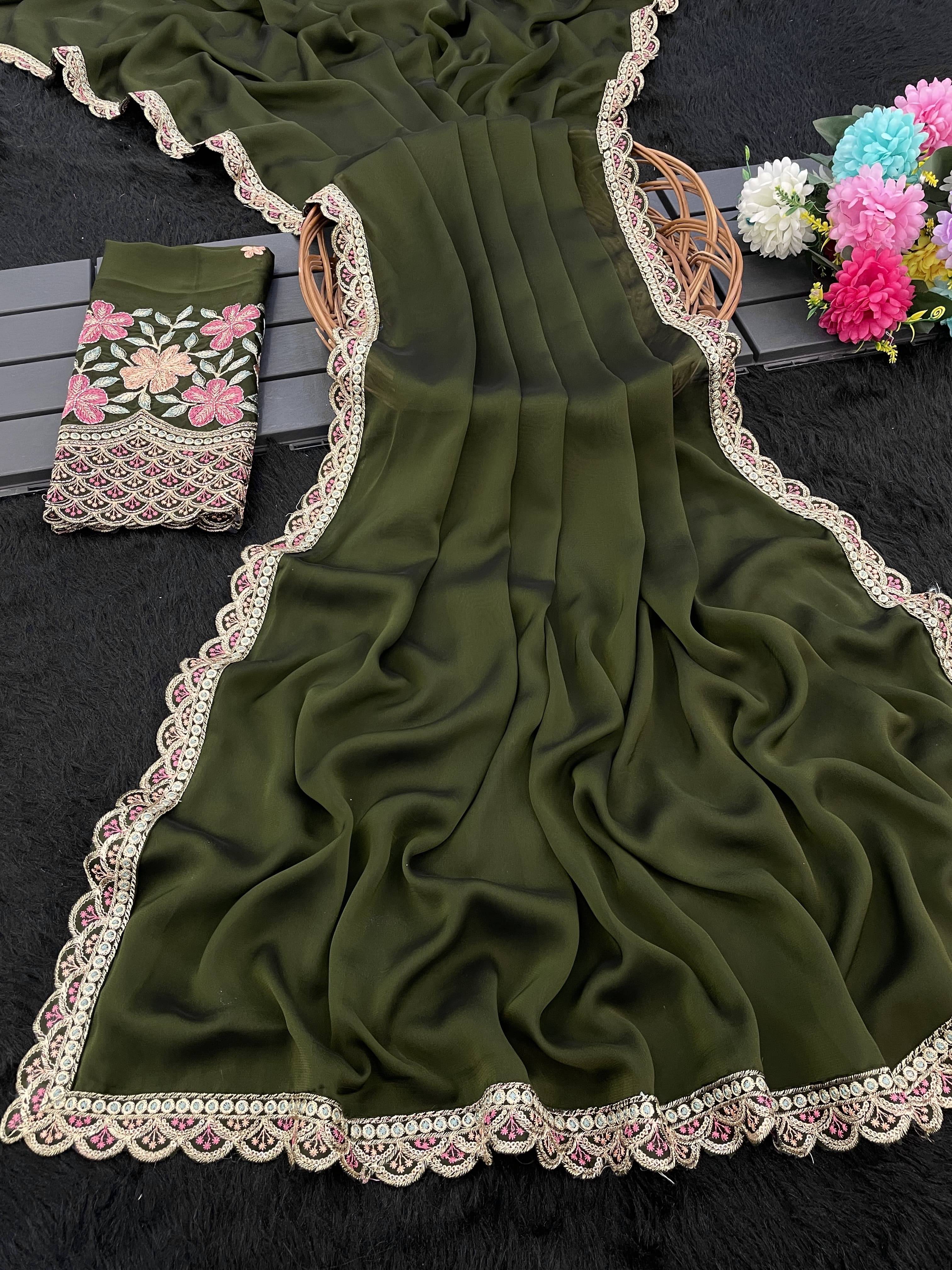 JIRA Chiffon Embroidered Saree With Unstitched Blouse Piece ( Green ) JIRA Chiffon Embroidered Saree With Unstitched Blouse Piece ( Green )