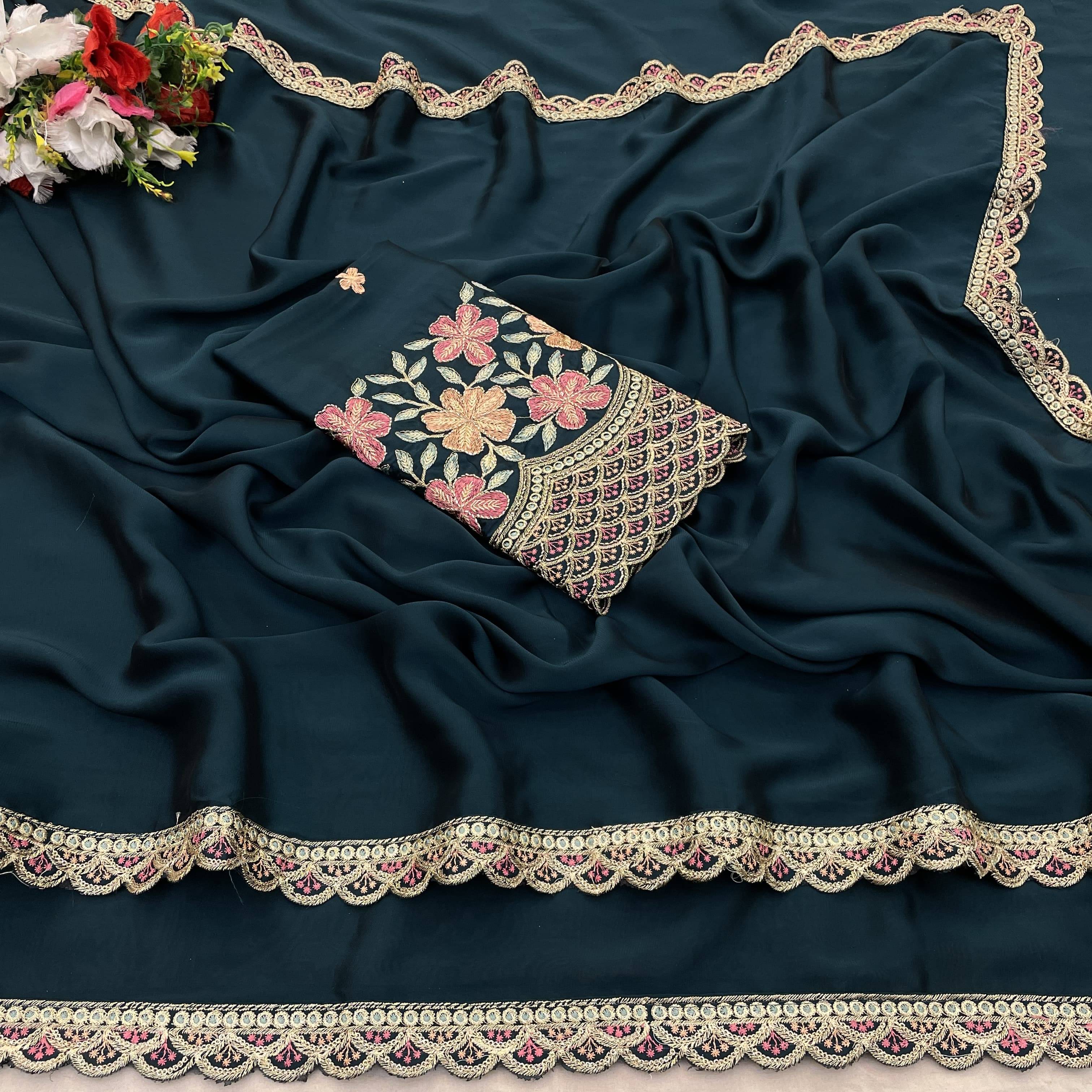     			JIRA Chiffon Embroidered Saree With Unstitched Blouse Piece ( Blue )