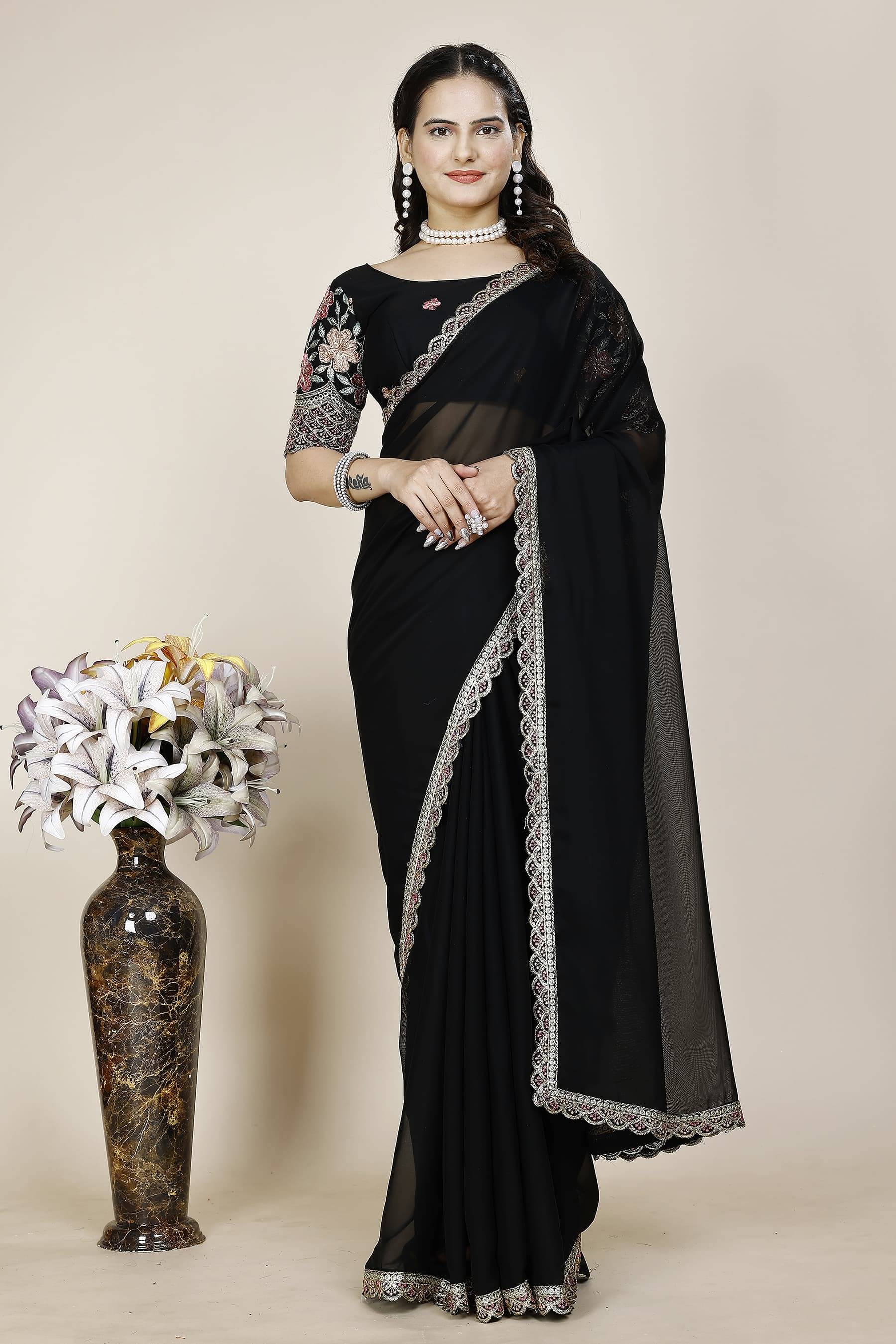 JIRA Chiffon Embroidered Saree With Unstitched Blouse Piece ( Black ) JIRA Chiffon Embroidered Saree With Unstitched Blouse Piece ( Black )