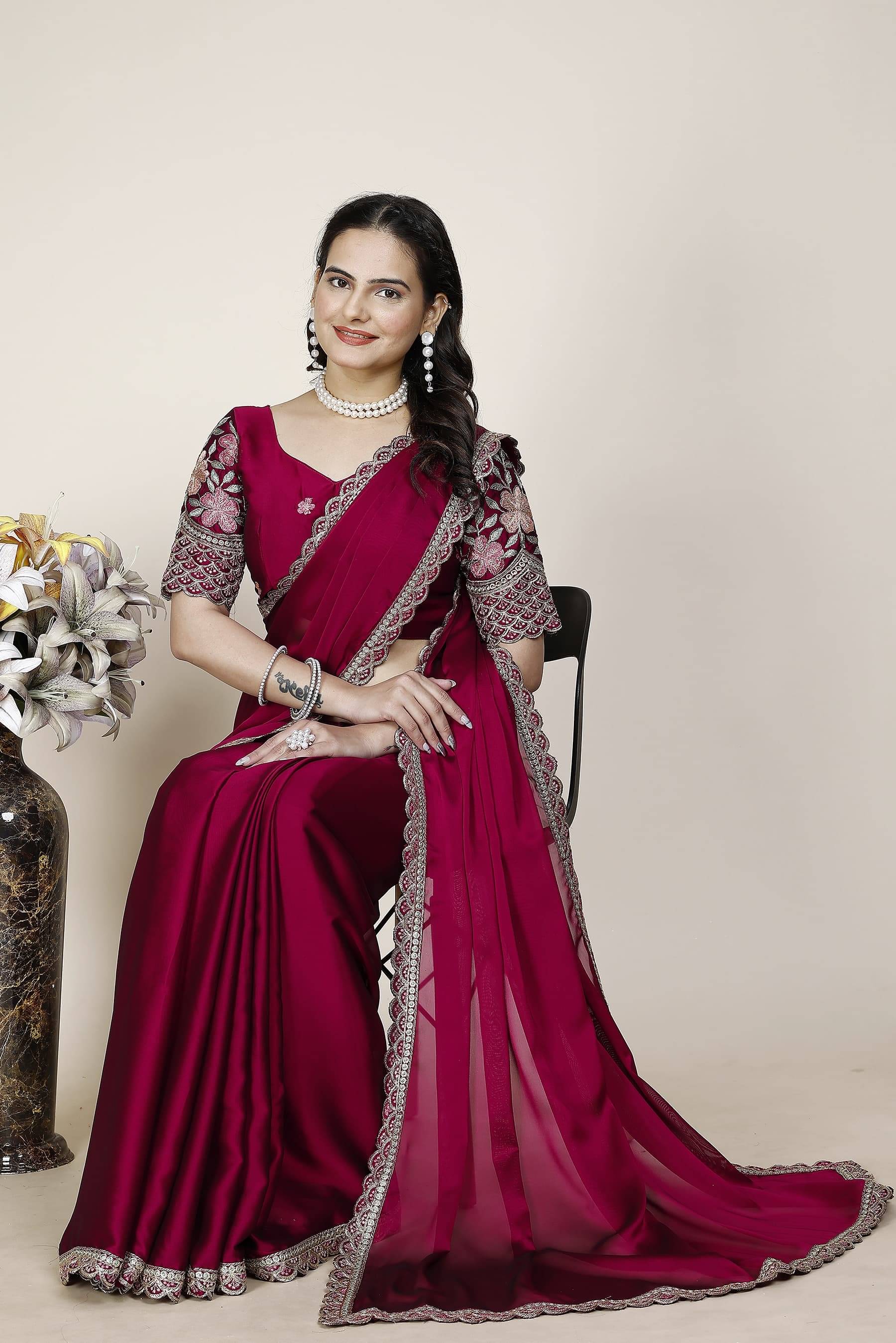 JIRA Chiffon Embroidered Saree With Unstitched Blouse Piece ( Pink ) JIRA Chiffon Embroidered Saree With Unstitched Blouse Piece ( Pink )