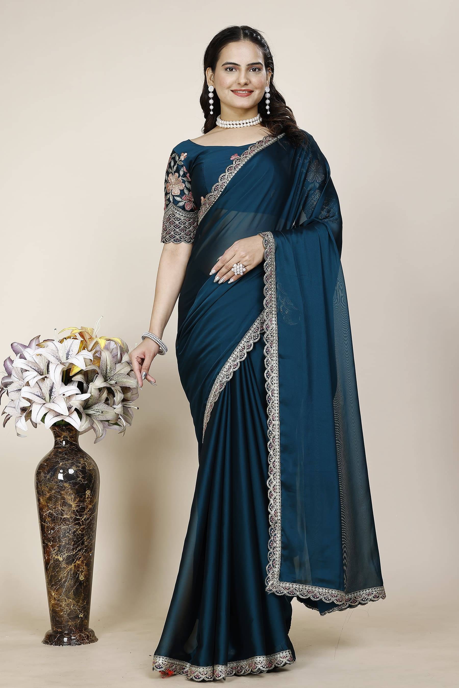 JIRA Chiffon Embroidered Saree With Unstitched Blouse Piece ( Blue ) JIRA Chiffon Embroidered Saree With Unstitched Blouse Piece ( Blue )