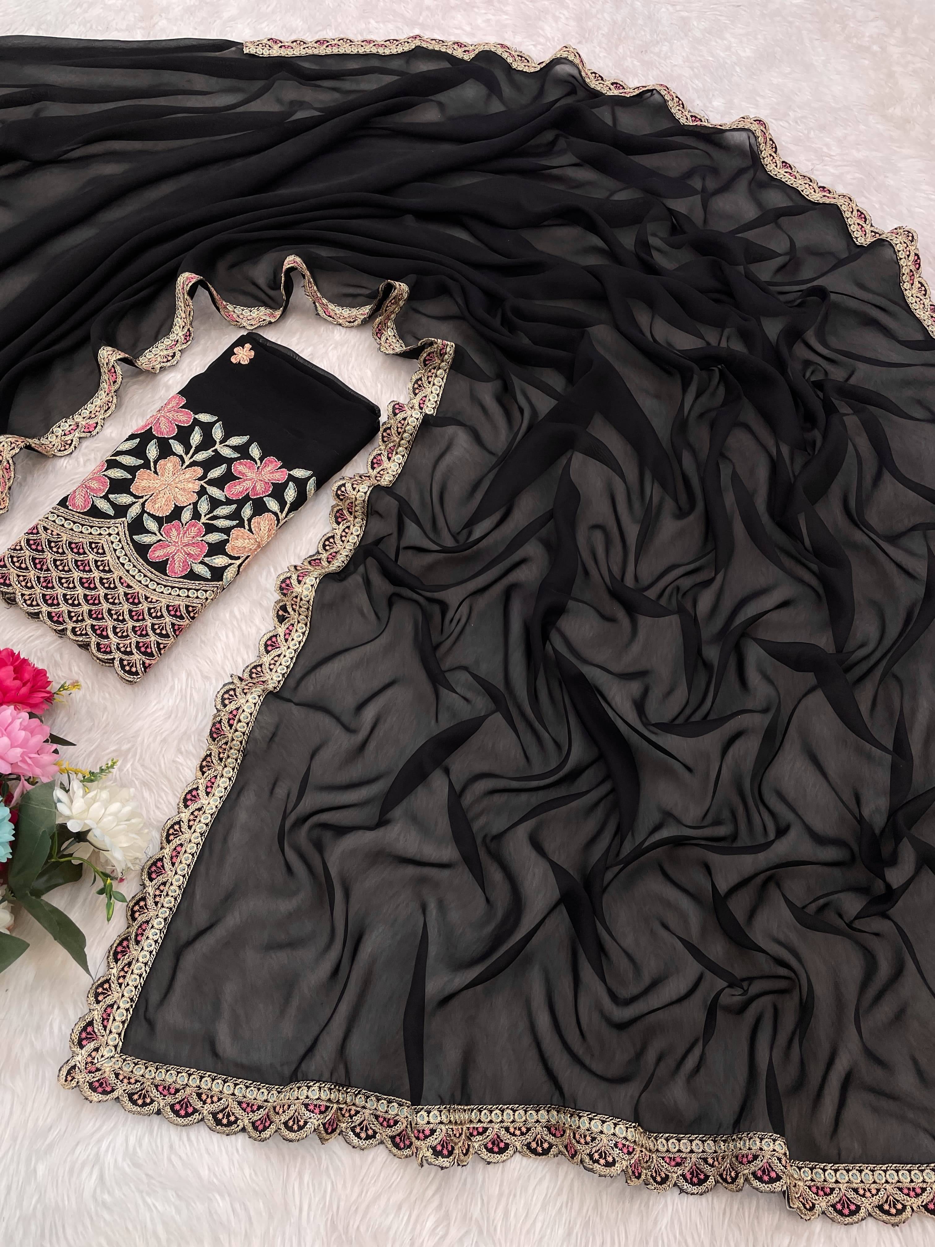 JIRA Chiffon Embroidered Saree With Unstitched Blouse Piece ( Black ) JIRA Chiffon Embroidered Saree With Unstitched Blouse Piece ( Black )