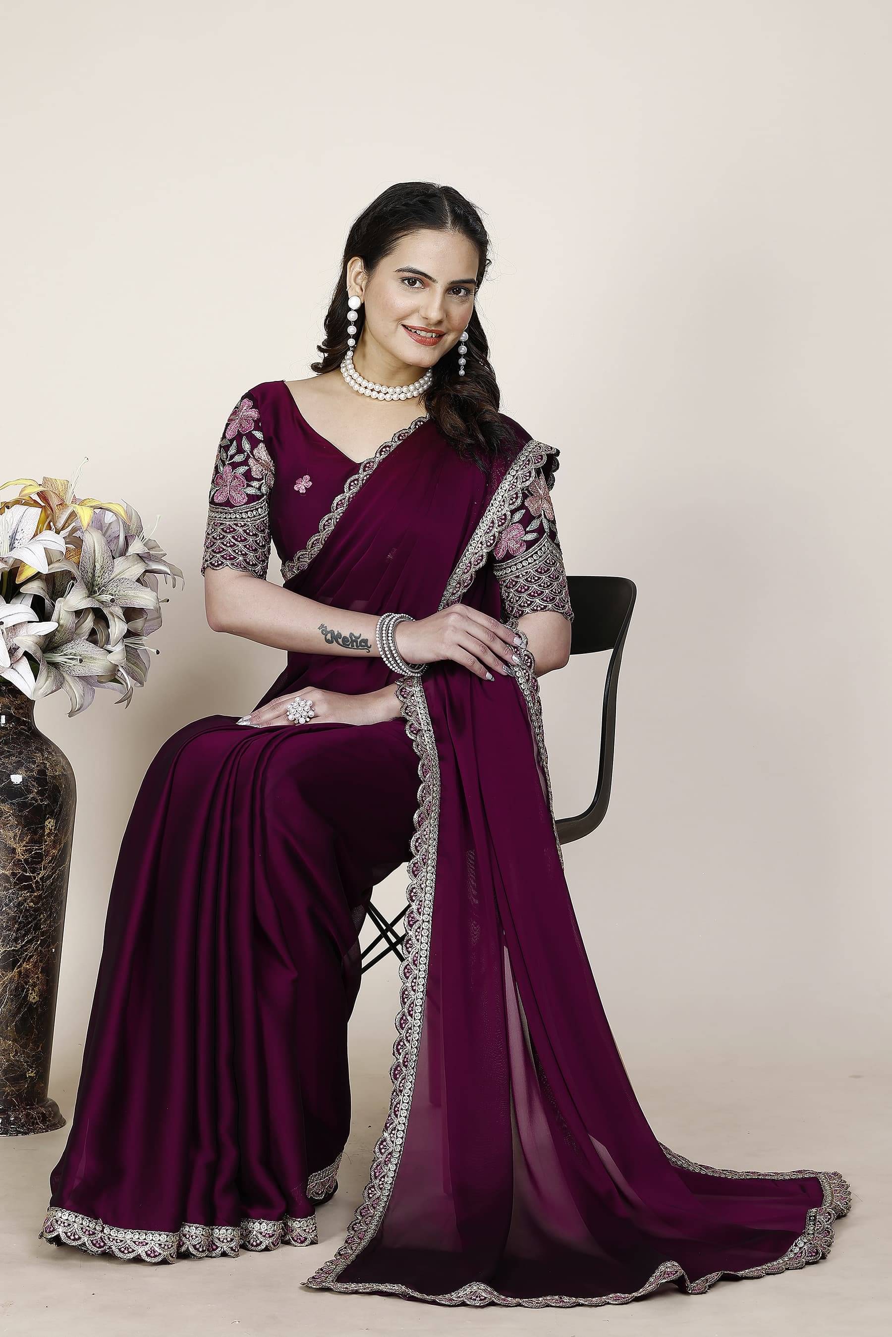 JIRA Chiffon Embroidered Saree With Unstitched Blouse Piece ( Purple ) JIRA Chiffon Embroidered Saree With Unstitched Blouse Piece ( Purple )