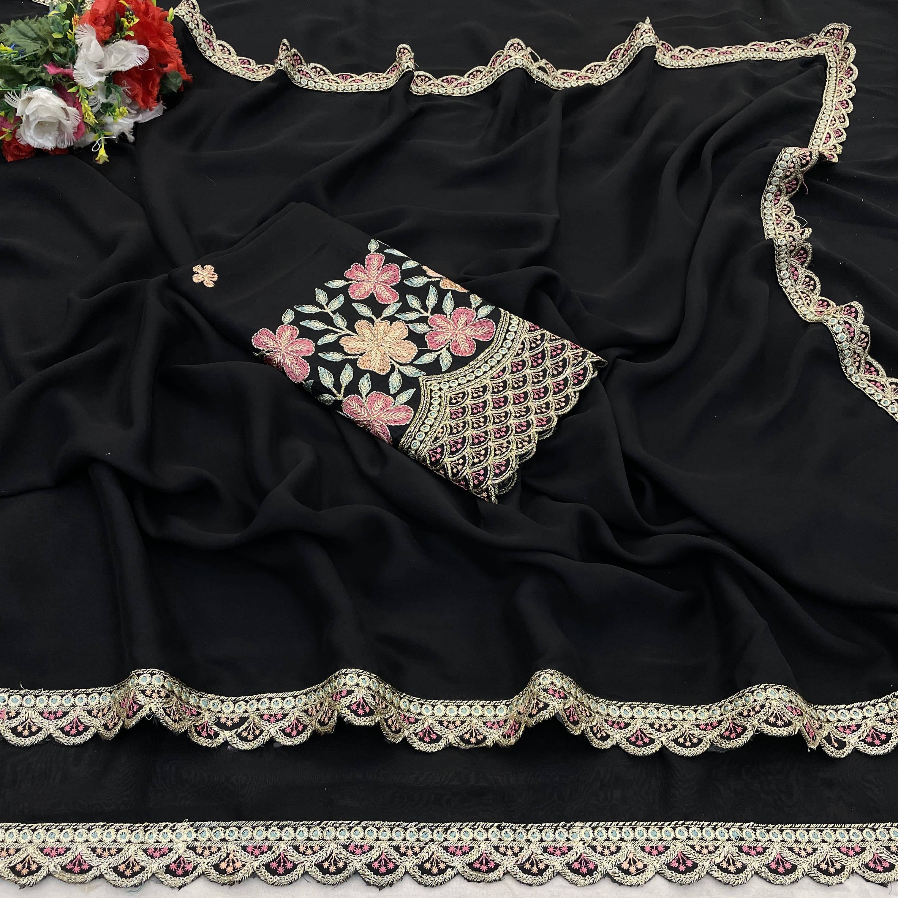 JIRA Chiffon Embroidered Saree With Unstitched Blouse Piece ( Black ) JIRA Chiffon Embroidered Saree With Unstitched Blouse Piece ( Black )
