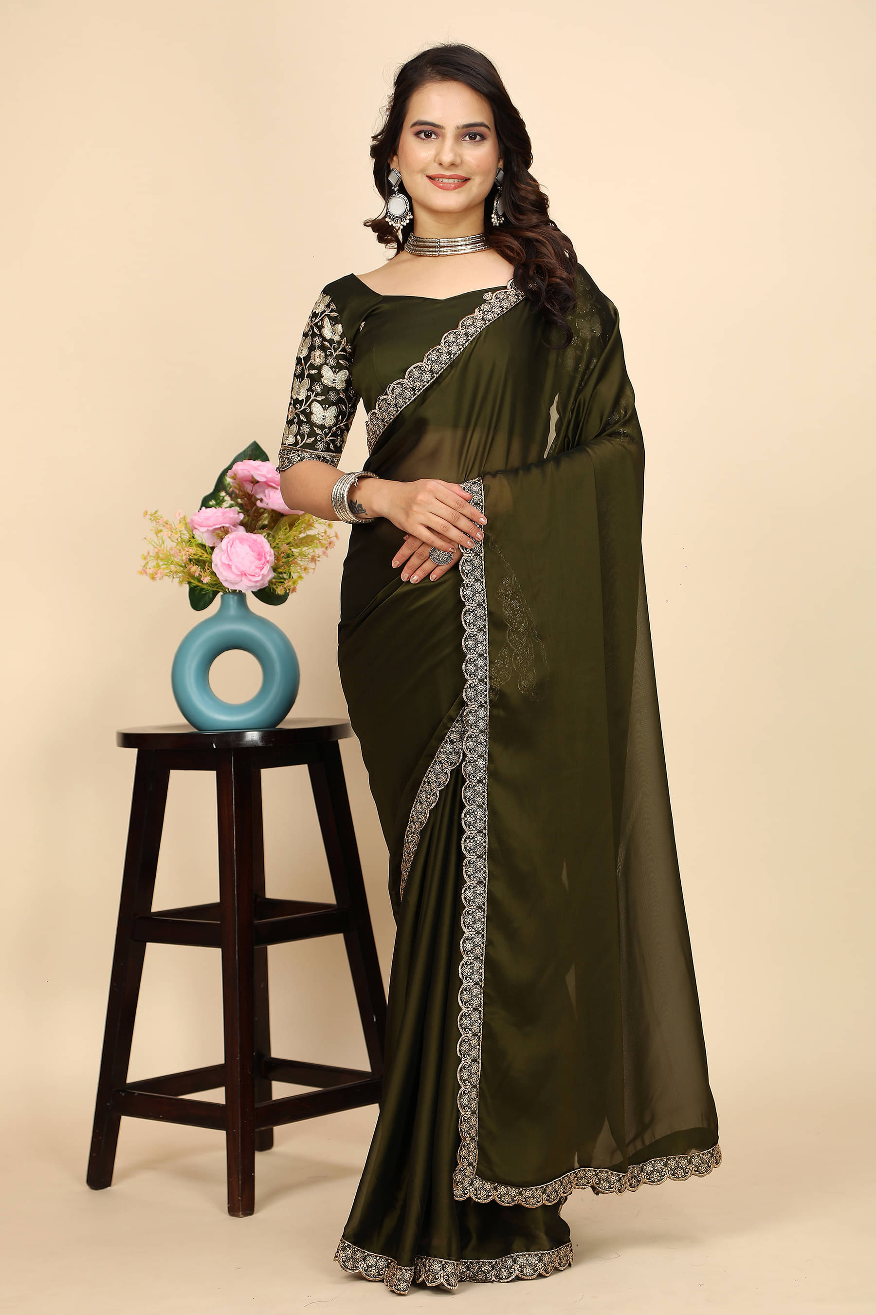 JIRA Chiffon Printed Saree With Unstitched Blouse Piece ( Olive ) JIRA Chiffon Printed Saree With Unstitched Blouse Piece ( Olive )