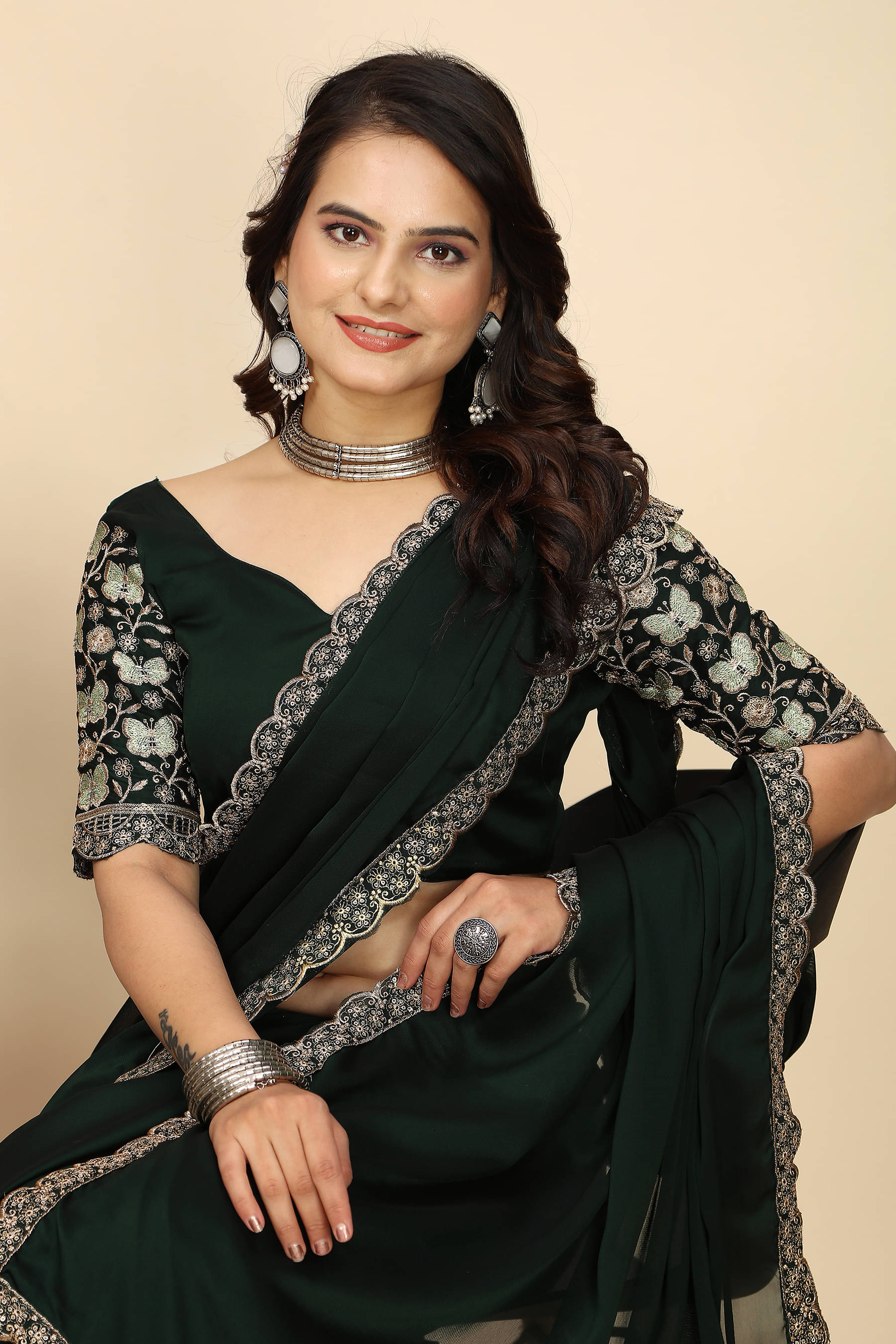     			JIRA Chiffon Printed Saree With Unstitched Blouse Piece ( Green )