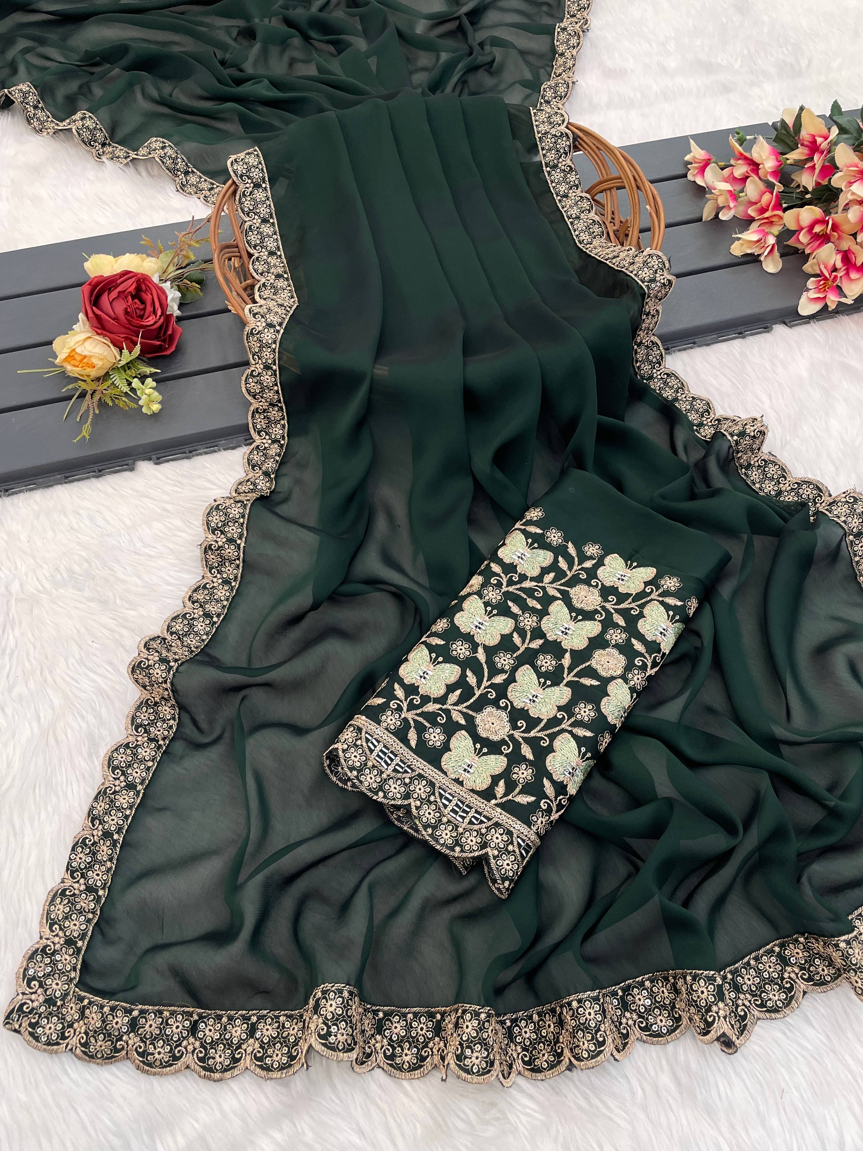     			JIRA Chiffon Printed Saree With Unstitched Blouse Piece ( Green )