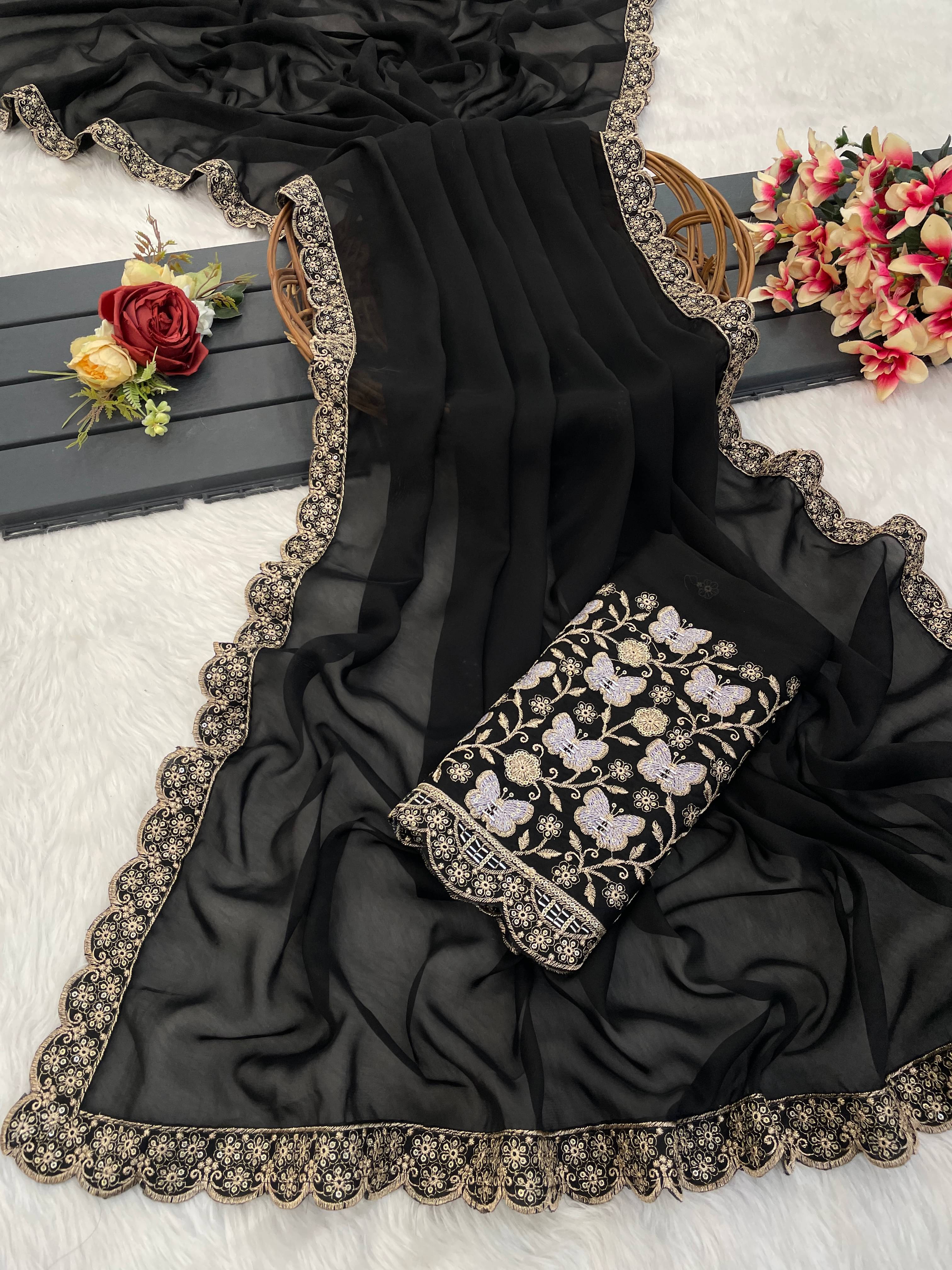 JIRA Chiffon Printed Saree With Unstitched Blouse Piece ( Black ) JIRA Chiffon Printed Saree With Unstitched Blouse Piece ( Black )