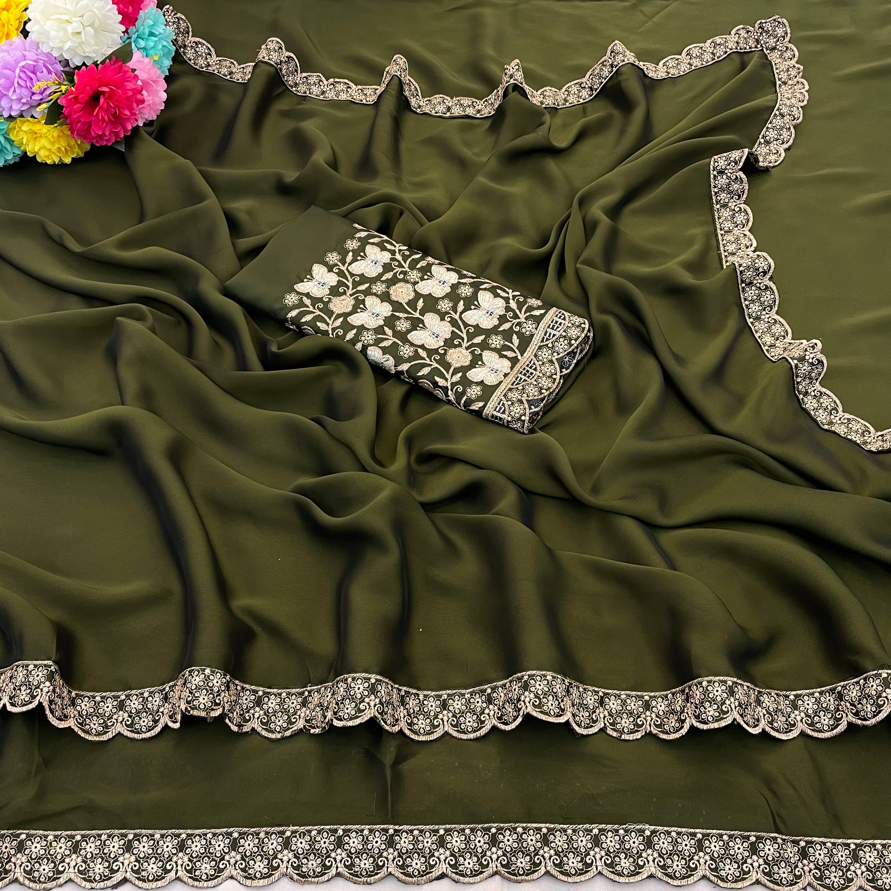 JIRA Chiffon Printed Saree With Unstitched Blouse Piece ( Olive ) JIRA Chiffon Printed Saree With Unstitched Blouse Piece ( Olive )