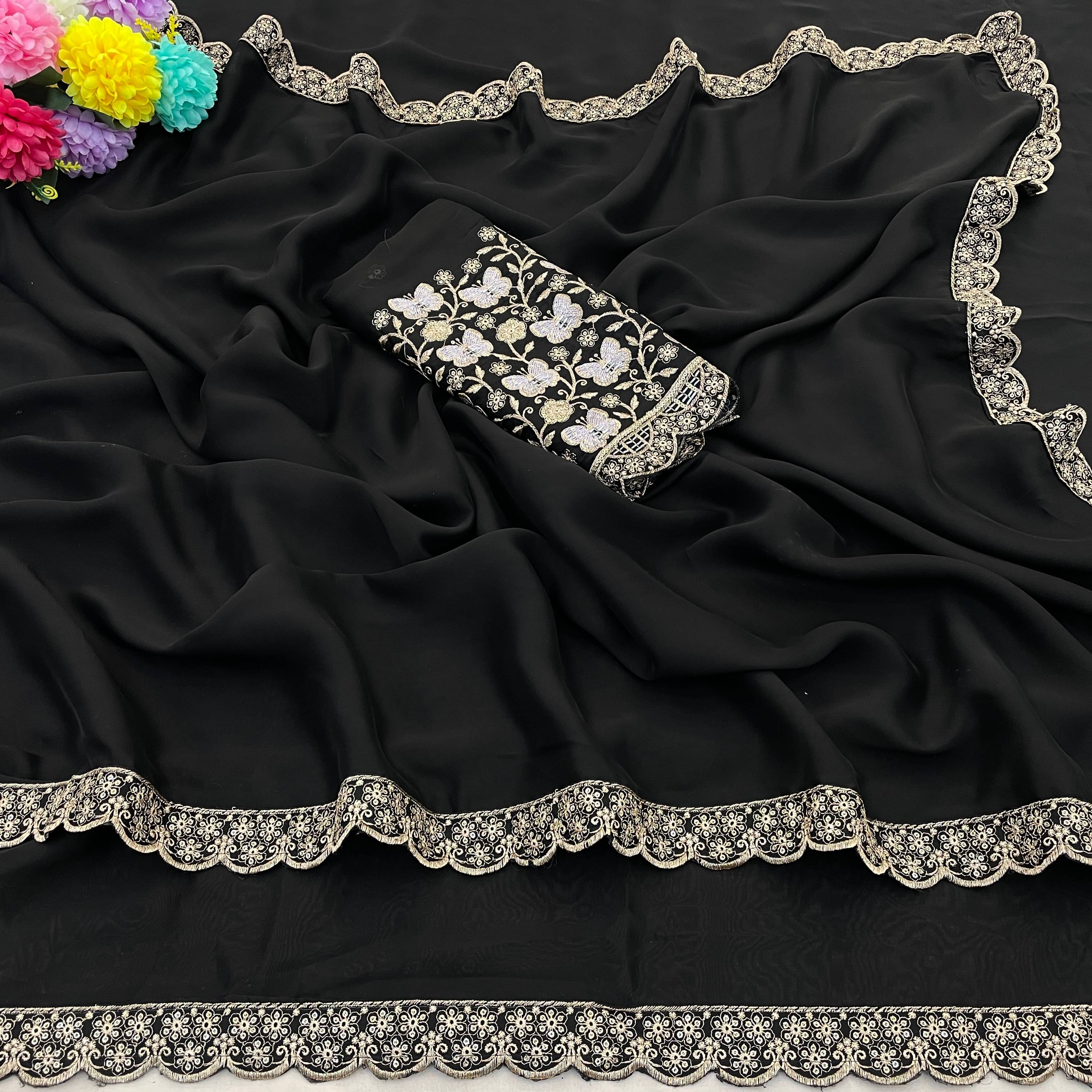     			JIRA Chiffon Printed Saree With Unstitched Blouse Piece ( Black )