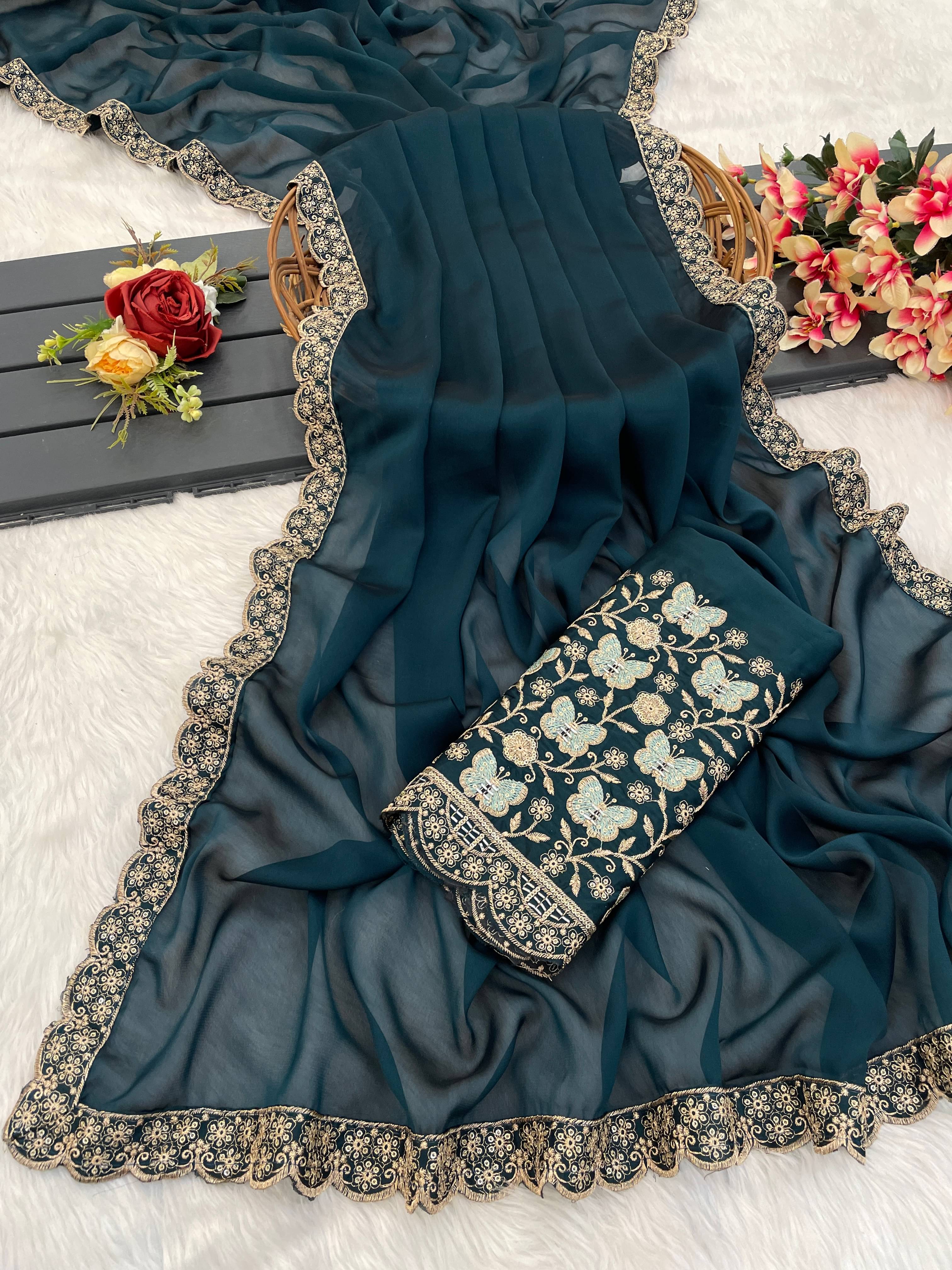     			JIRA Chiffon Printed Saree With Unstitched Blouse Piece ( Navy Blue )