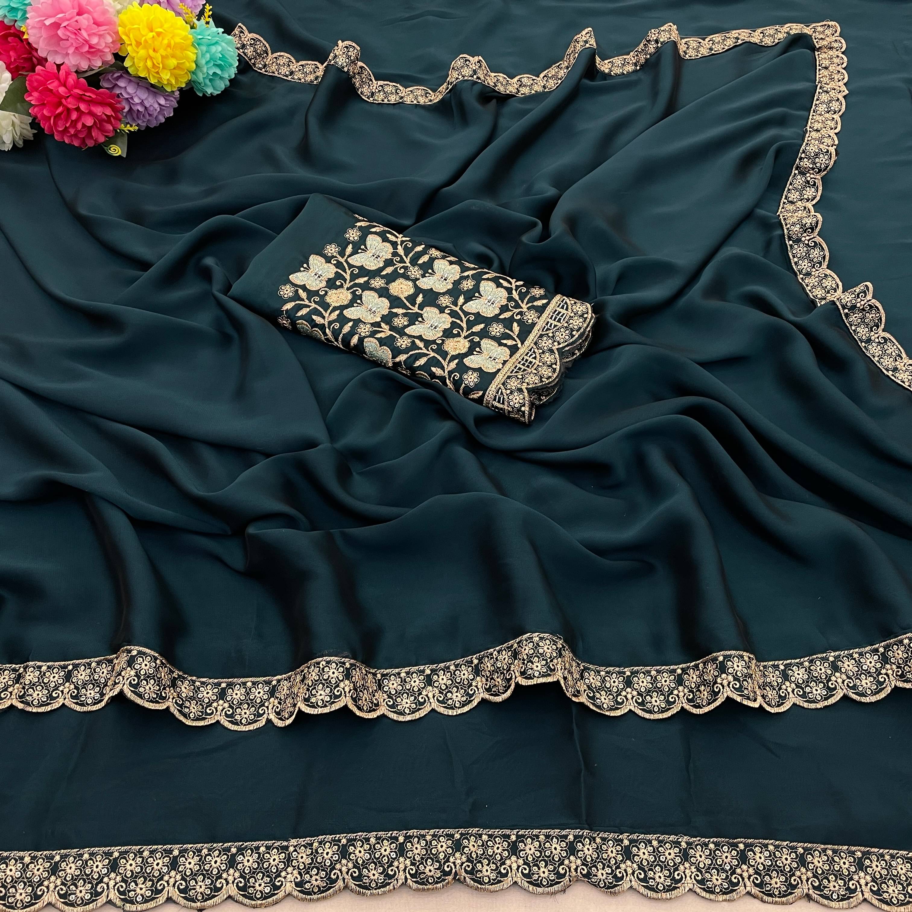     			JIRA Chiffon Printed Saree With Unstitched Blouse Piece ( Navy Blue )