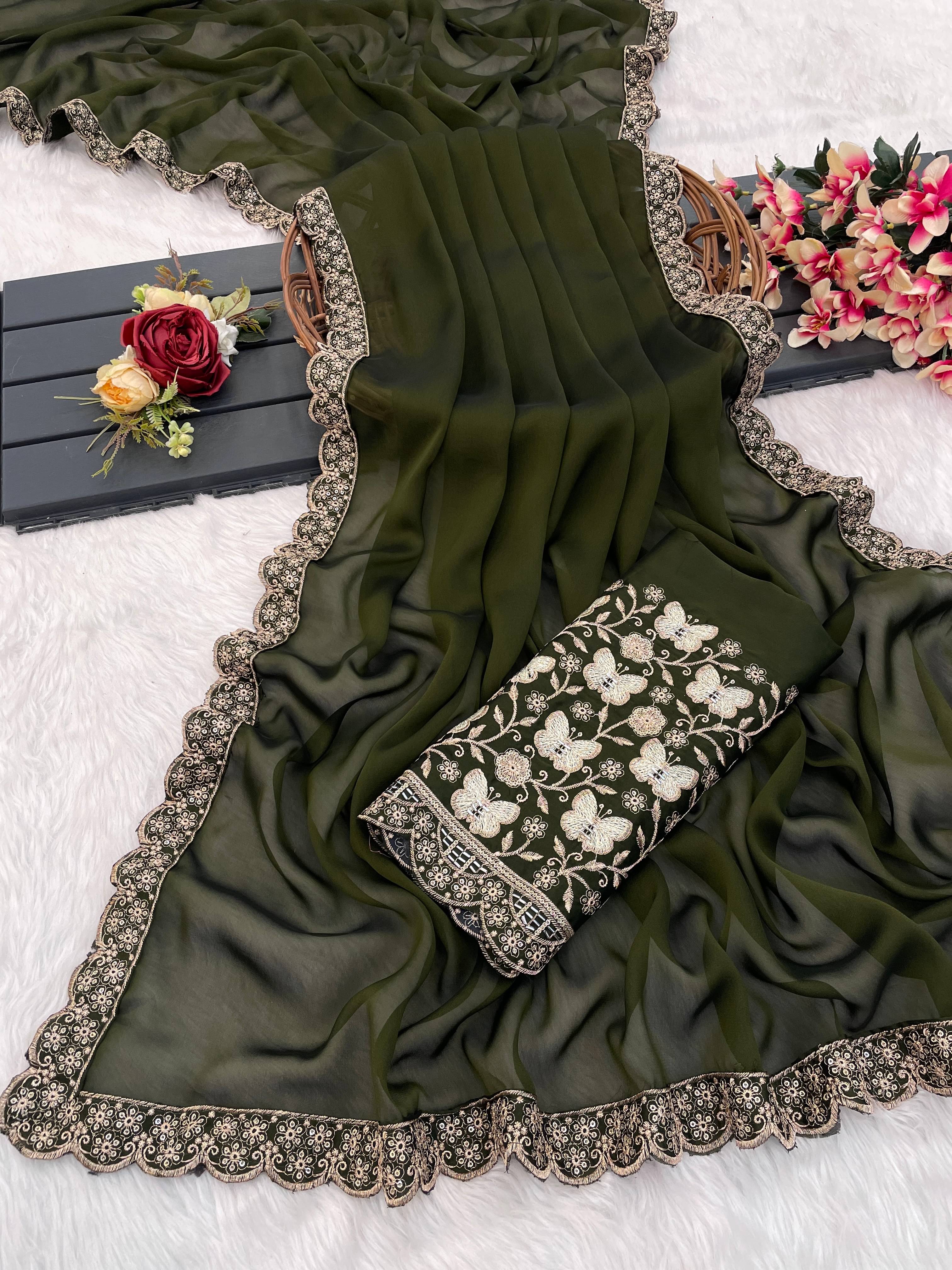     			JIRA Chiffon Printed Saree With Unstitched Blouse Piece ( Olive )