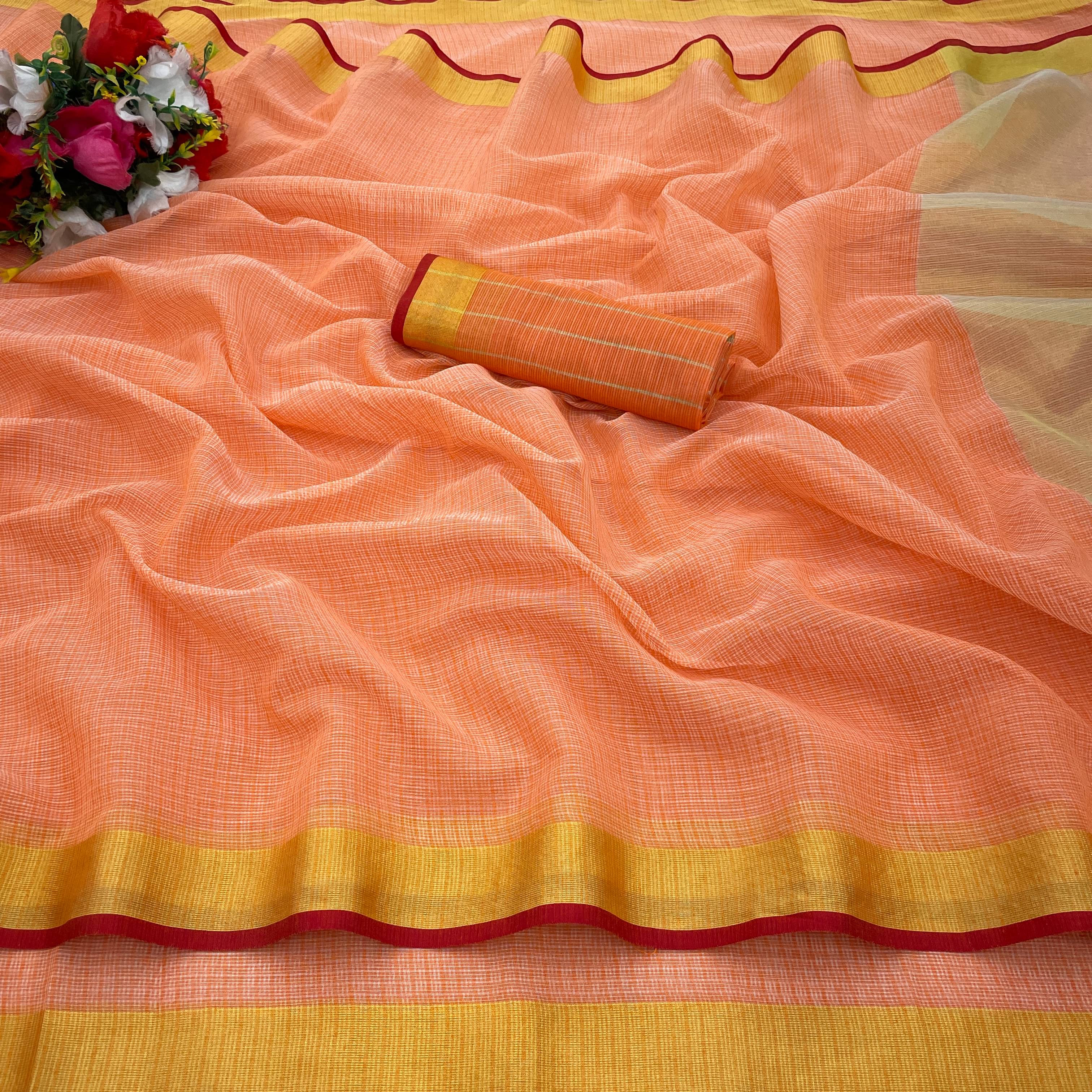 JIRA Cotton Dyed Saree With Unstitched Blouse Piece ( Peach ) JIRA Cotton Dyed Saree With Unstitched Blouse Piece ( Peach )