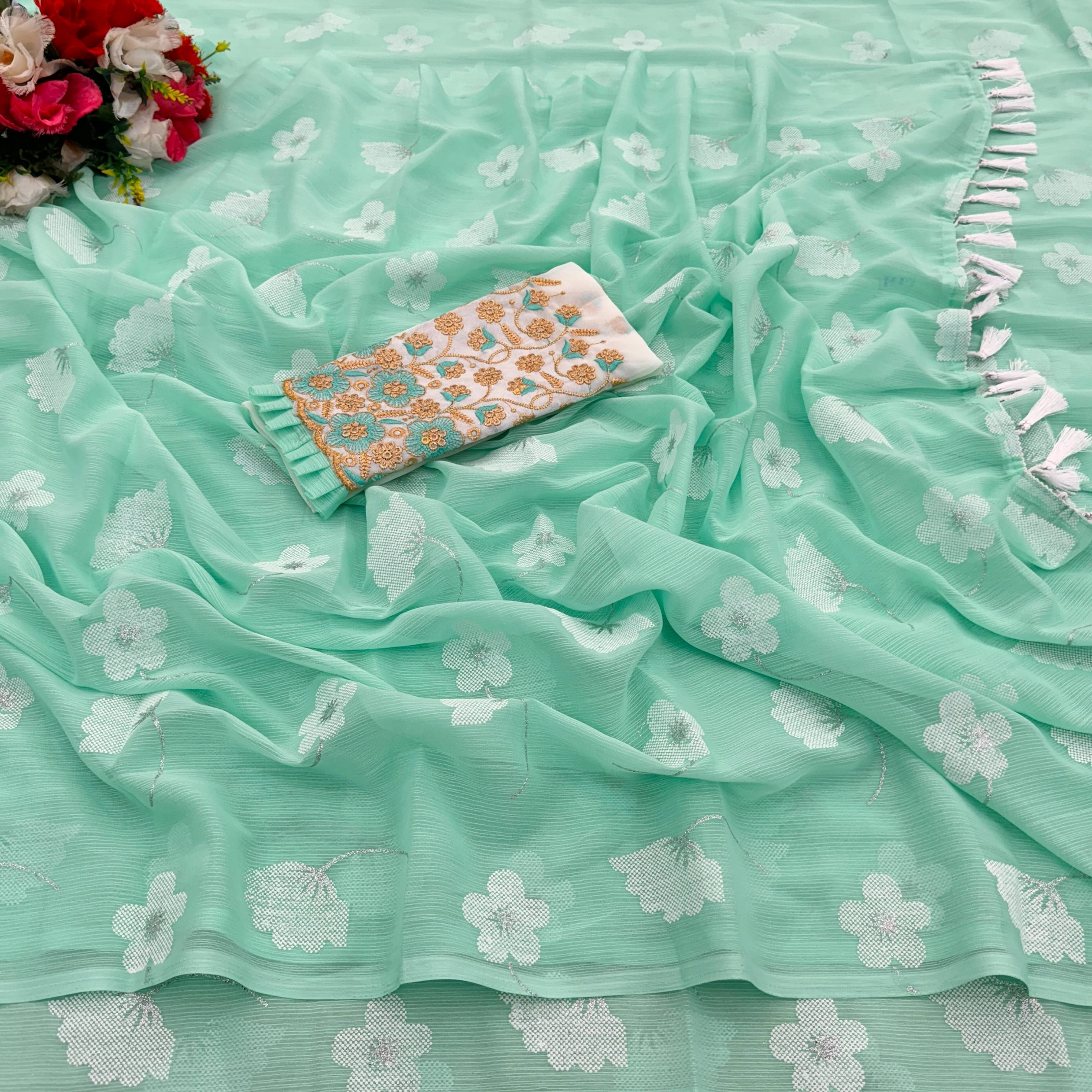 JIRA Georgette Embellished Saree With Unstitched Blouse Piece ( Teal ) JIRA Georgette Embellished Saree With Unstitched Blouse Piece ( Teal )