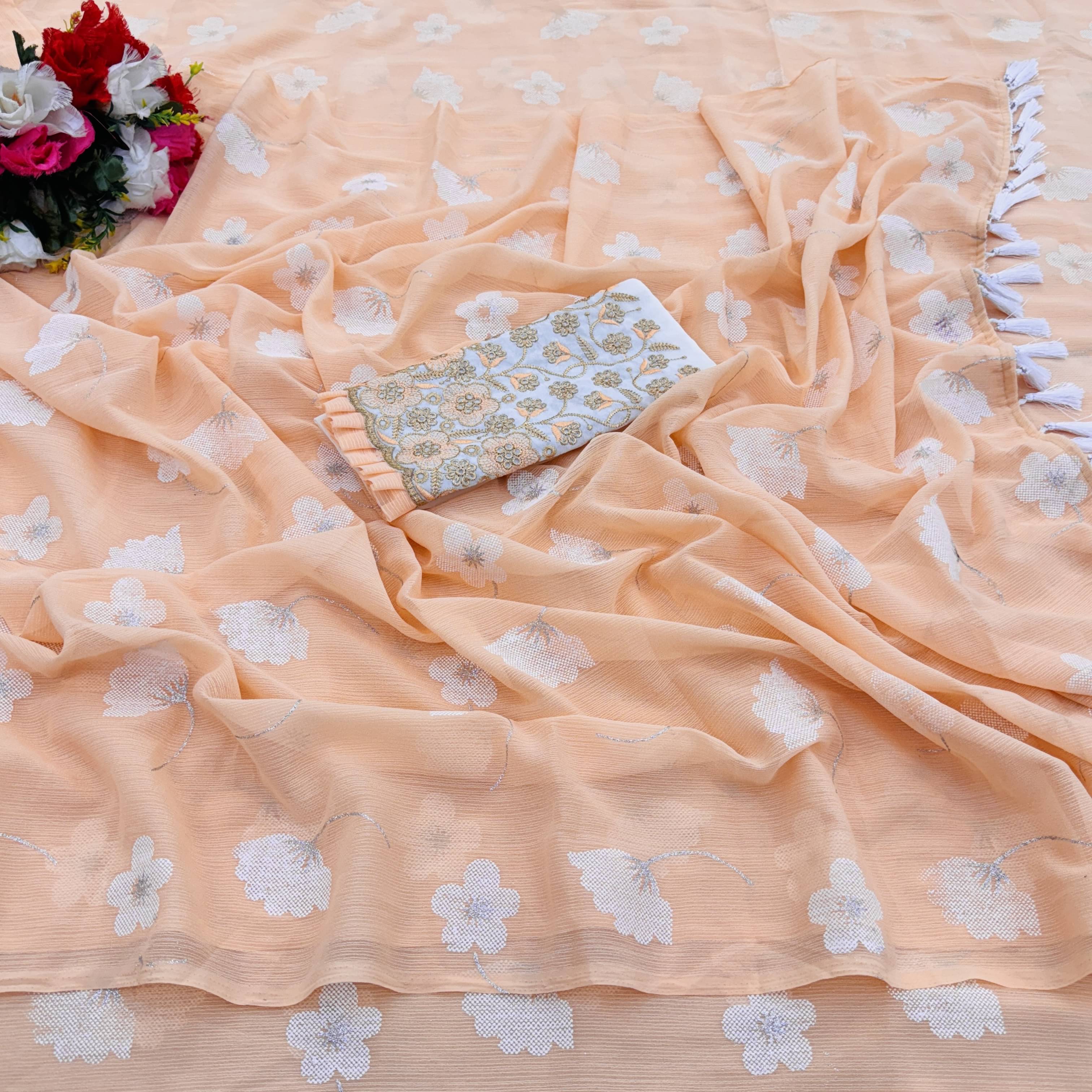 JIRA Georgette Embellished Saree With Unstitched Blouse Piece ( Peach ) JIRA Georgette Embellished Saree With Unstitched Blouse Piece ( Peach )