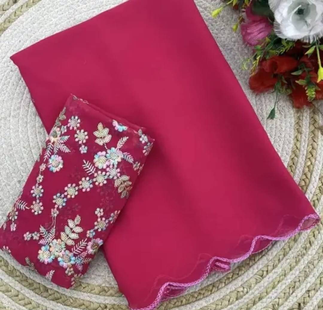 JIRA Georgette Embroidered Saree With Unstitched Blouse Piece ( Pink ) JIRA Georgette Embroidered Saree With Unstitched Blouse Piece ( Pink )