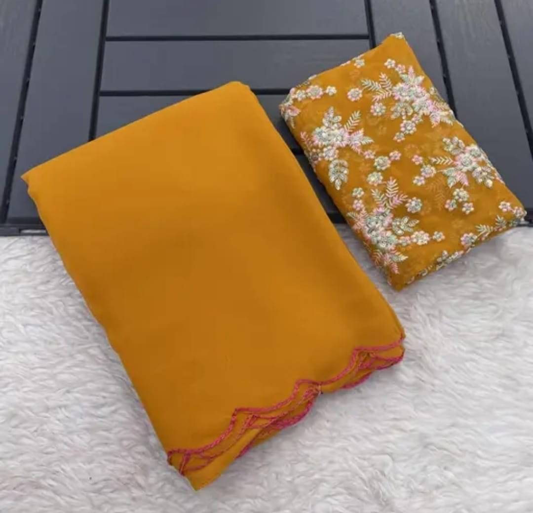 JIRA Georgette Embroidered Saree With Unstitched Blouse Piece ( Mustard ) JIRA Georgette Embroidered Saree With Unstitched Blouse Piece ( Mustard )