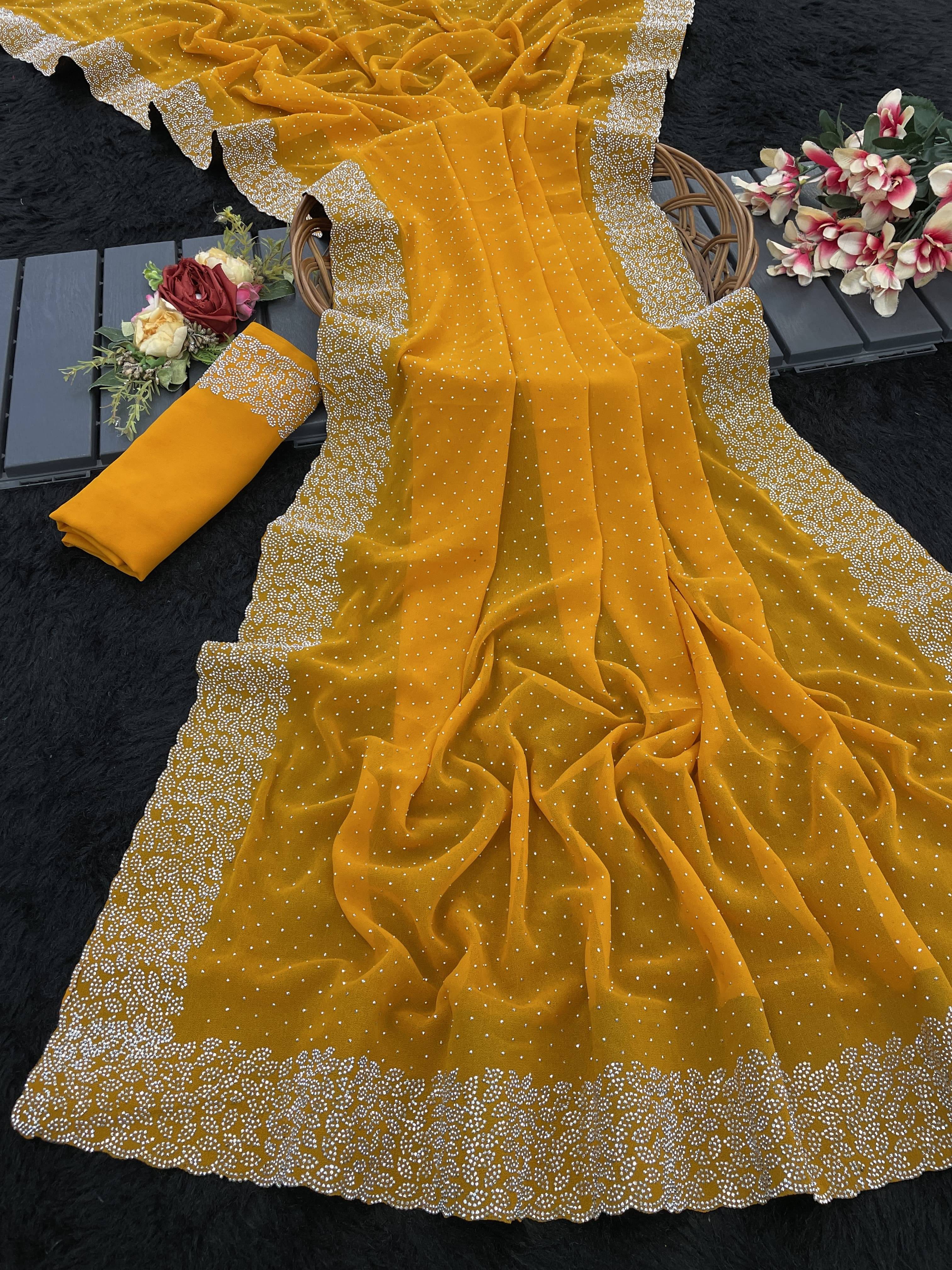 JIRA Georgette Embroidered Saree With Unstitched Blouse Piece ( Yellow ) JIRA Georgette Embroidered Saree With Unstitched Blouse Piece ( Yellow )