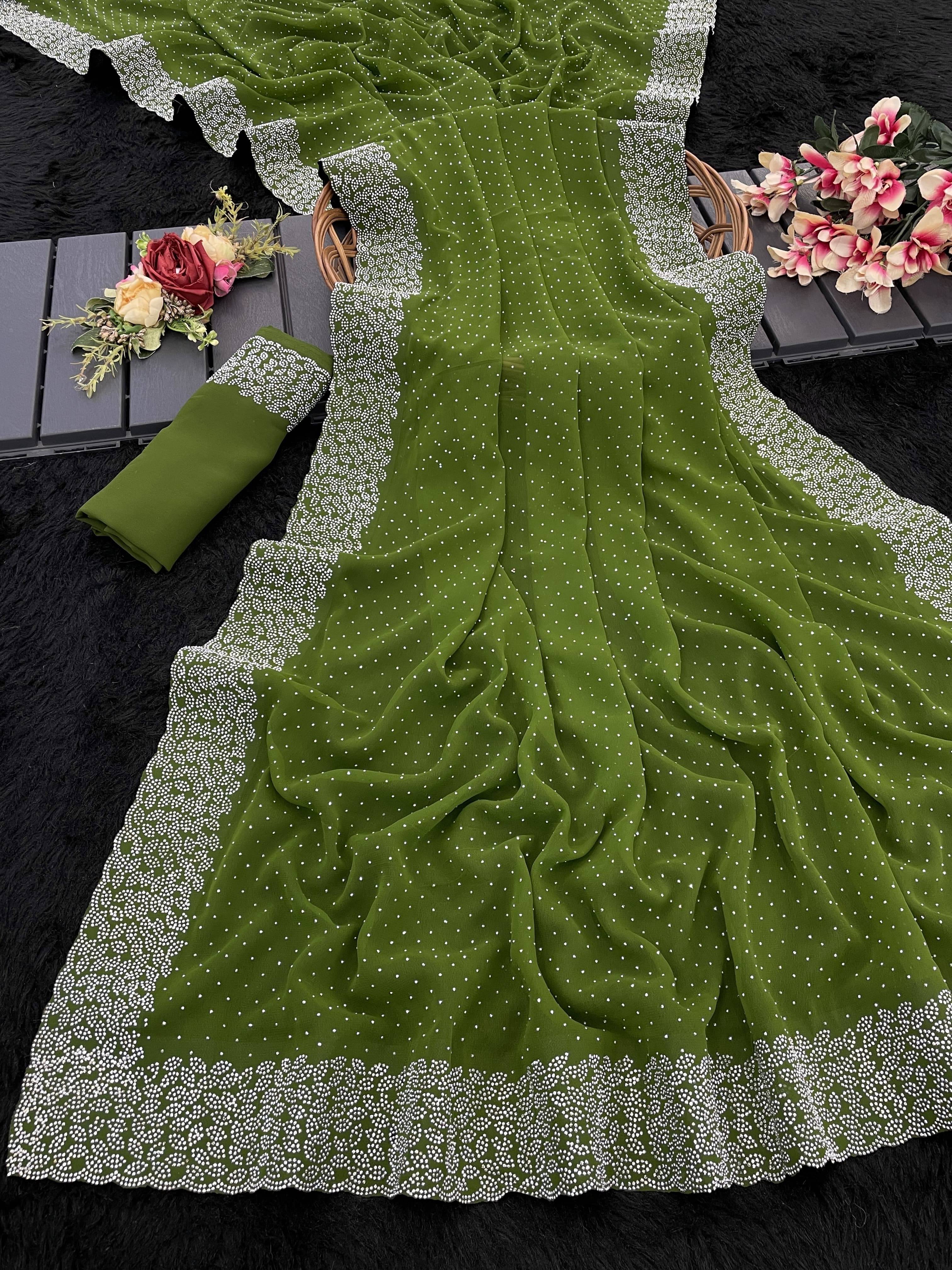 JIRA Georgette Embroidered Saree With Unstitched Blouse Piece ( Green ) JIRA Georgette Embroidered Saree With Unstitched Blouse Piece ( Green )