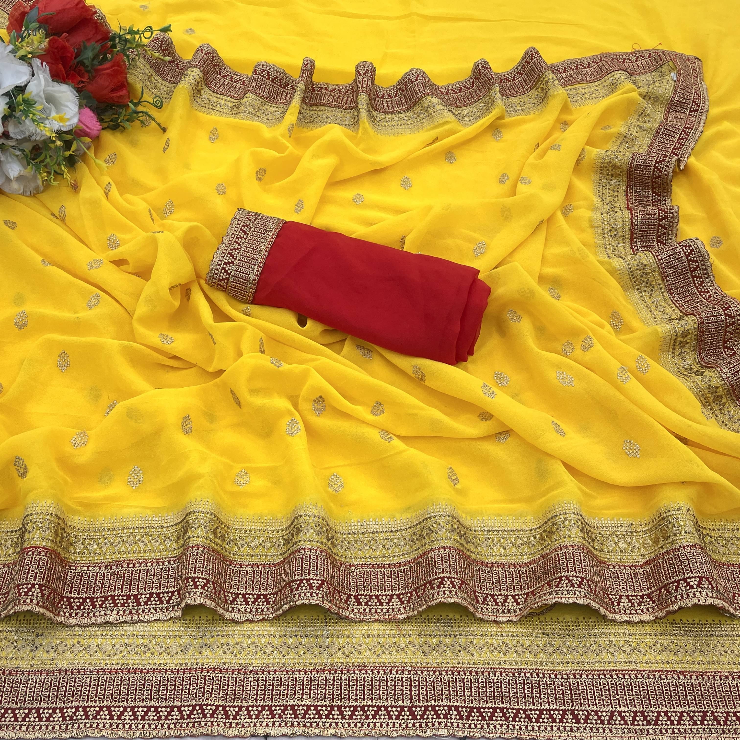JIRA Georgette Embroidered Saree With Unstitched Blouse Piece ( Yellow ) JIRA Georgette Embroidered Saree With Unstitched Blouse Piece ( Yellow )