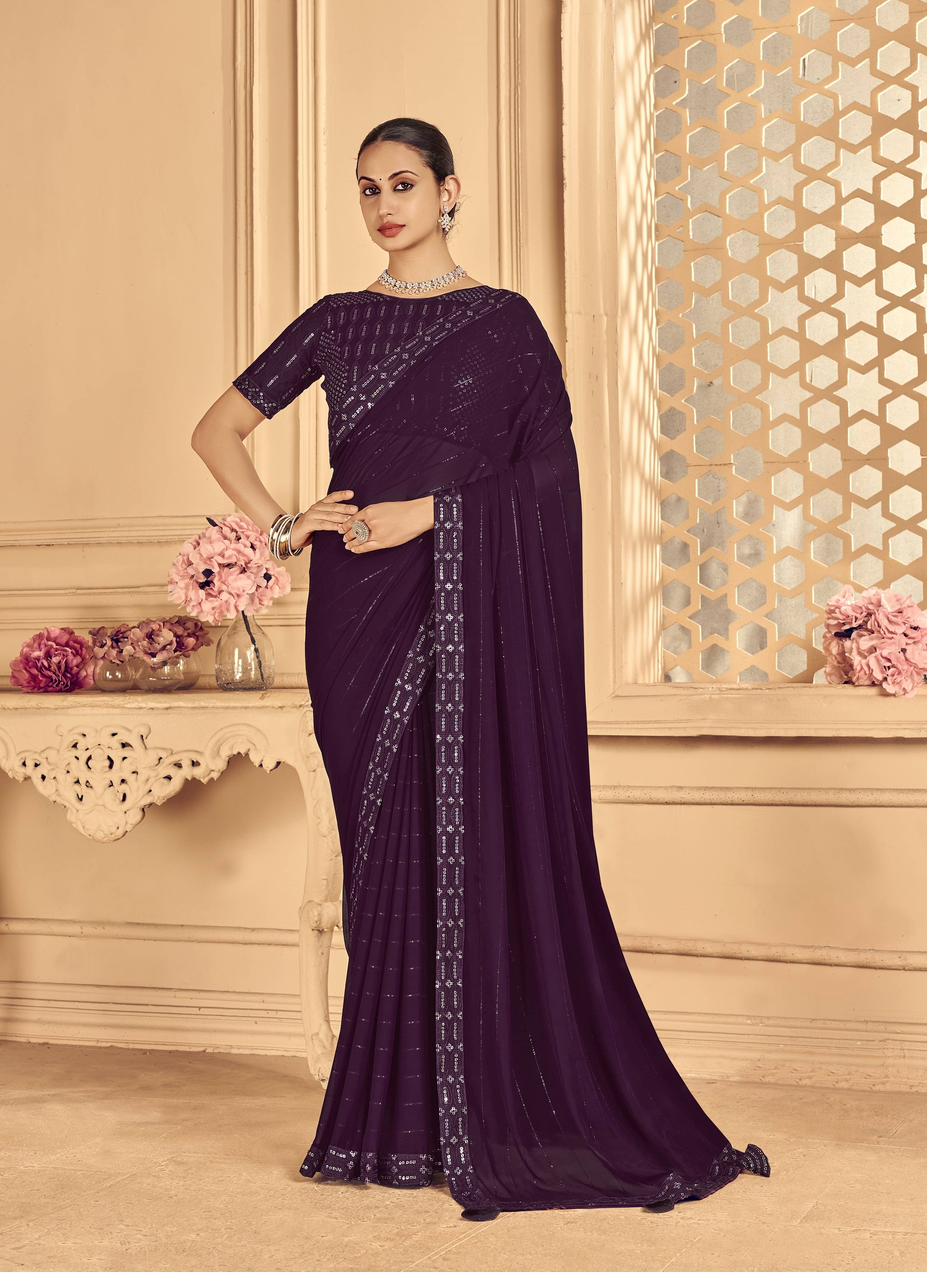 JIRA Georgette Embroidered Saree With Stitched Blouse ( Purple ) JIRA Georgette Embroidered Saree With Stitched Blouse ( Purple )