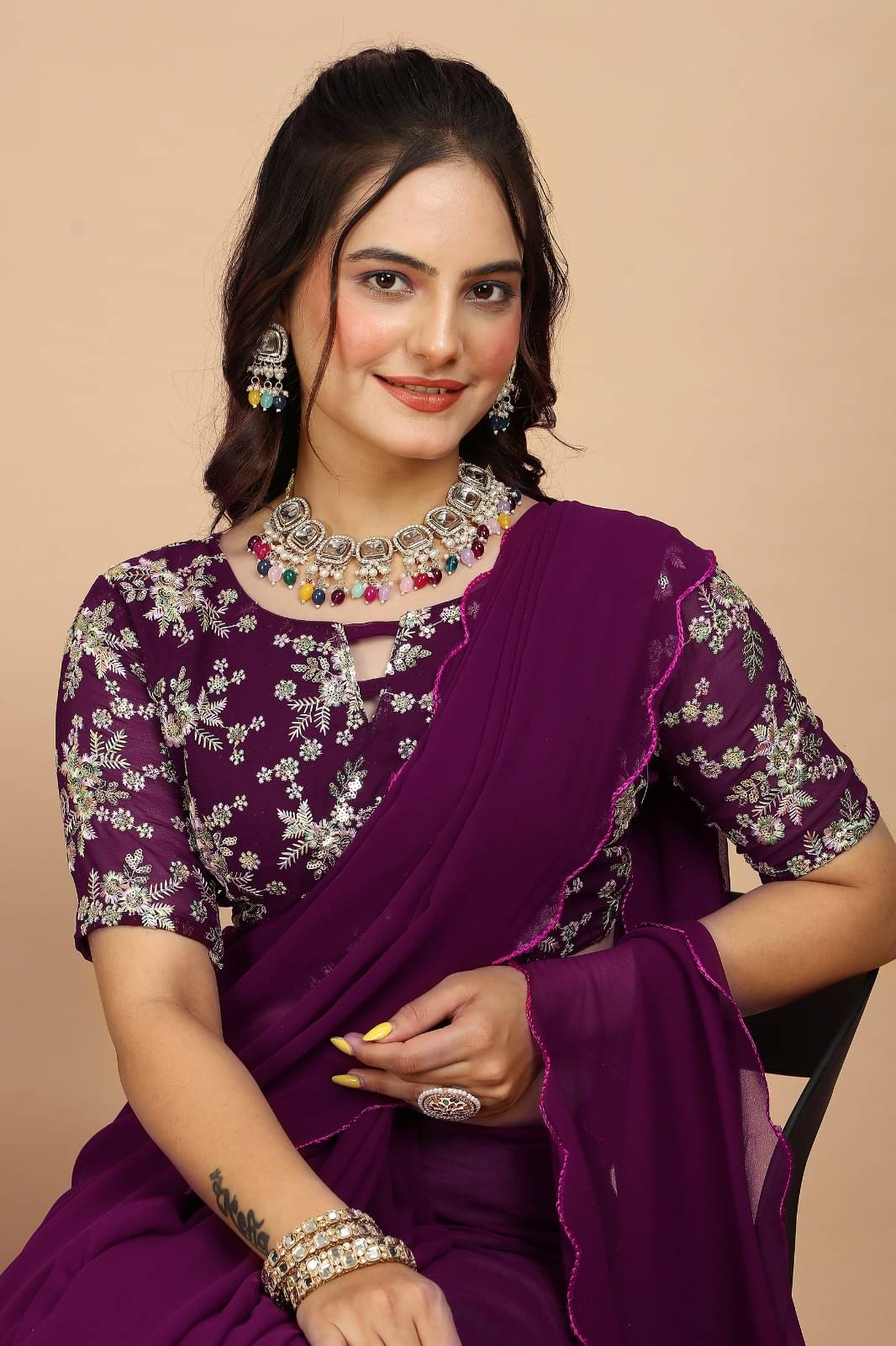 JIRA Georgette Printed Saree With Unstitched Blouse Piece ( Purple ) JIRA Georgette Printed Saree With Unstitched Blouse Piece ( Purple )