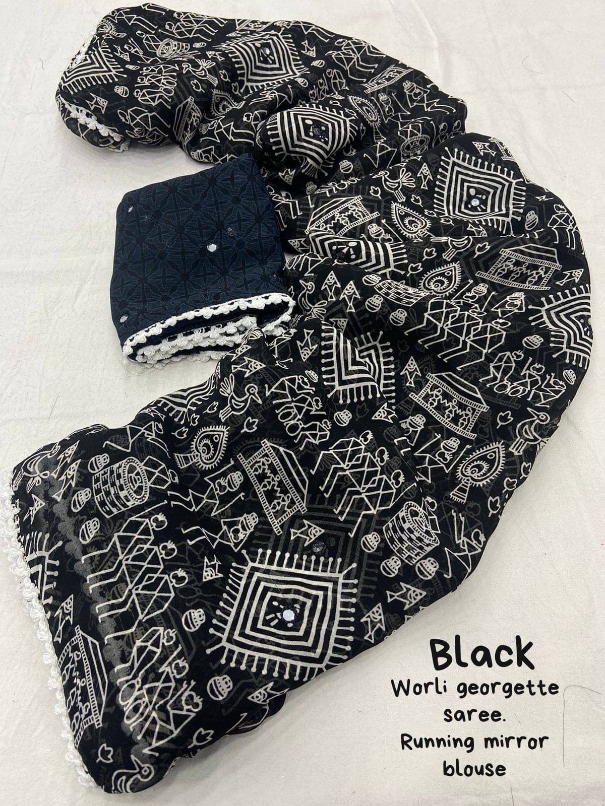 JIRA Georgette Printed Saree With Unstitched Blouse Piece ( Black ) JIRA Georgette Printed Saree With Unstitched Blouse Piece ( Black )