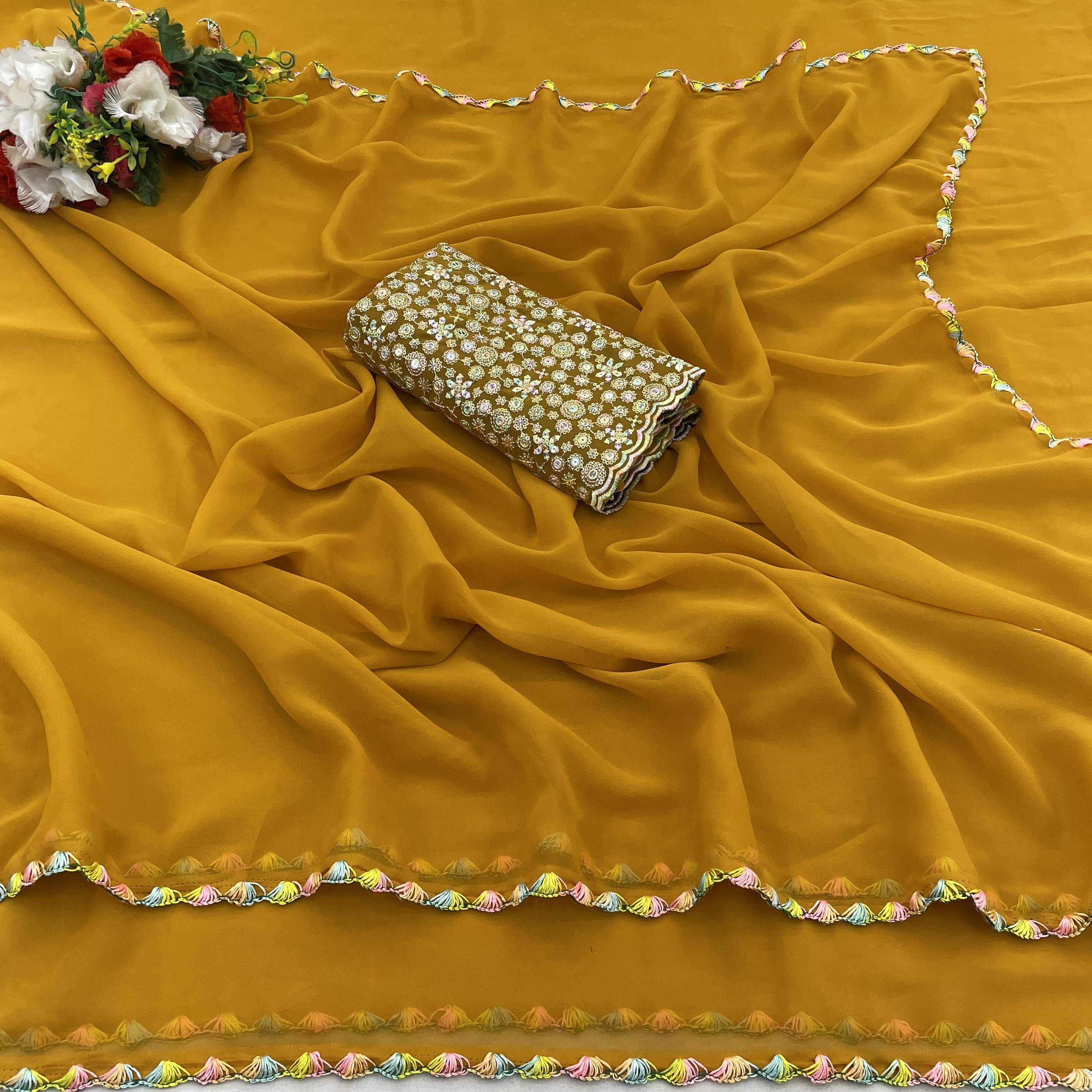 JIRA Georgette Printed Saree With Unstitched Blouse Piece ( Yellow ) JIRA Georgette Printed Saree With Unstitched Blouse Piece ( Yellow )