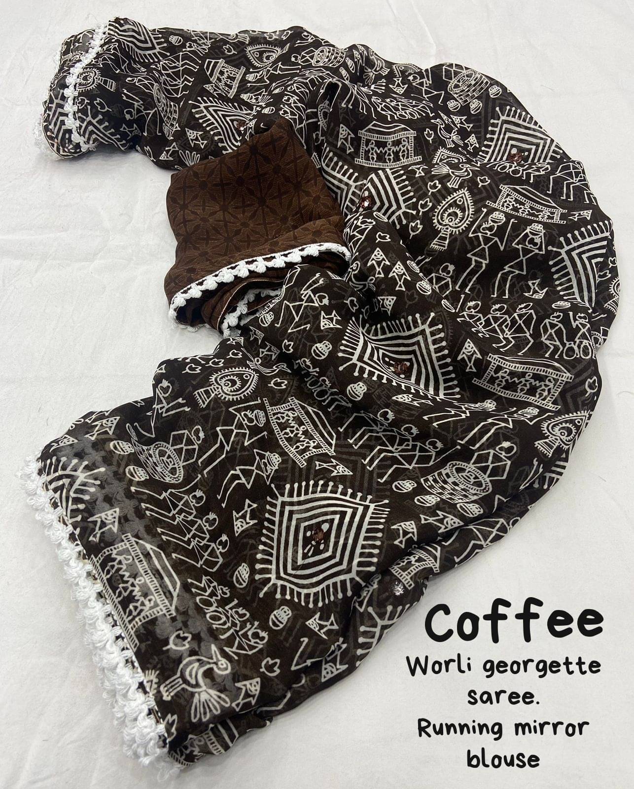 JIRA Georgette Printed Saree With Unstitched Blouse Piece ( Brown ) JIRA Georgette Printed Saree With Unstitched Blouse Piece ( Brown )